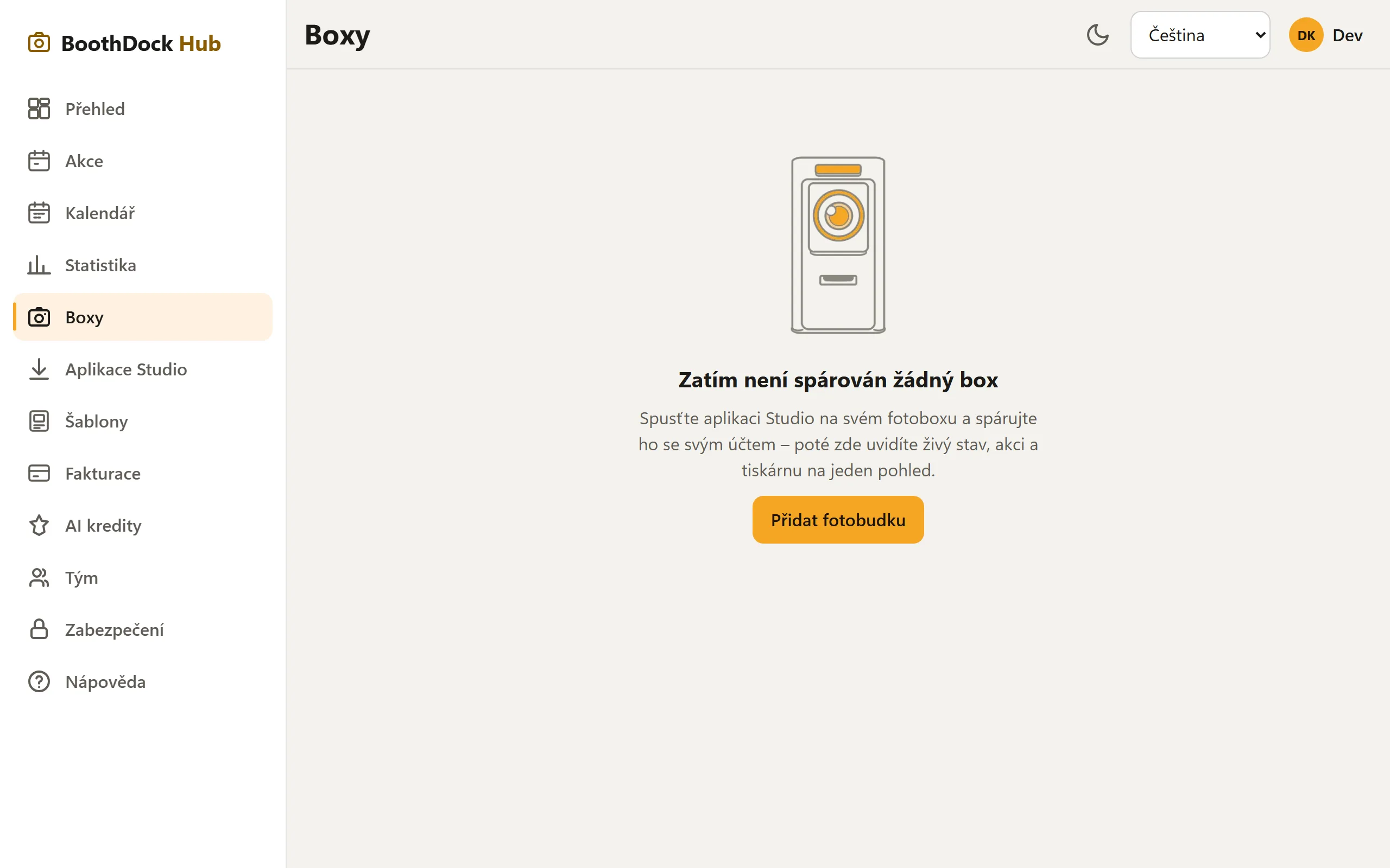 Sekce „Boxy" v Hubu s tlačítkem „Přidat box"