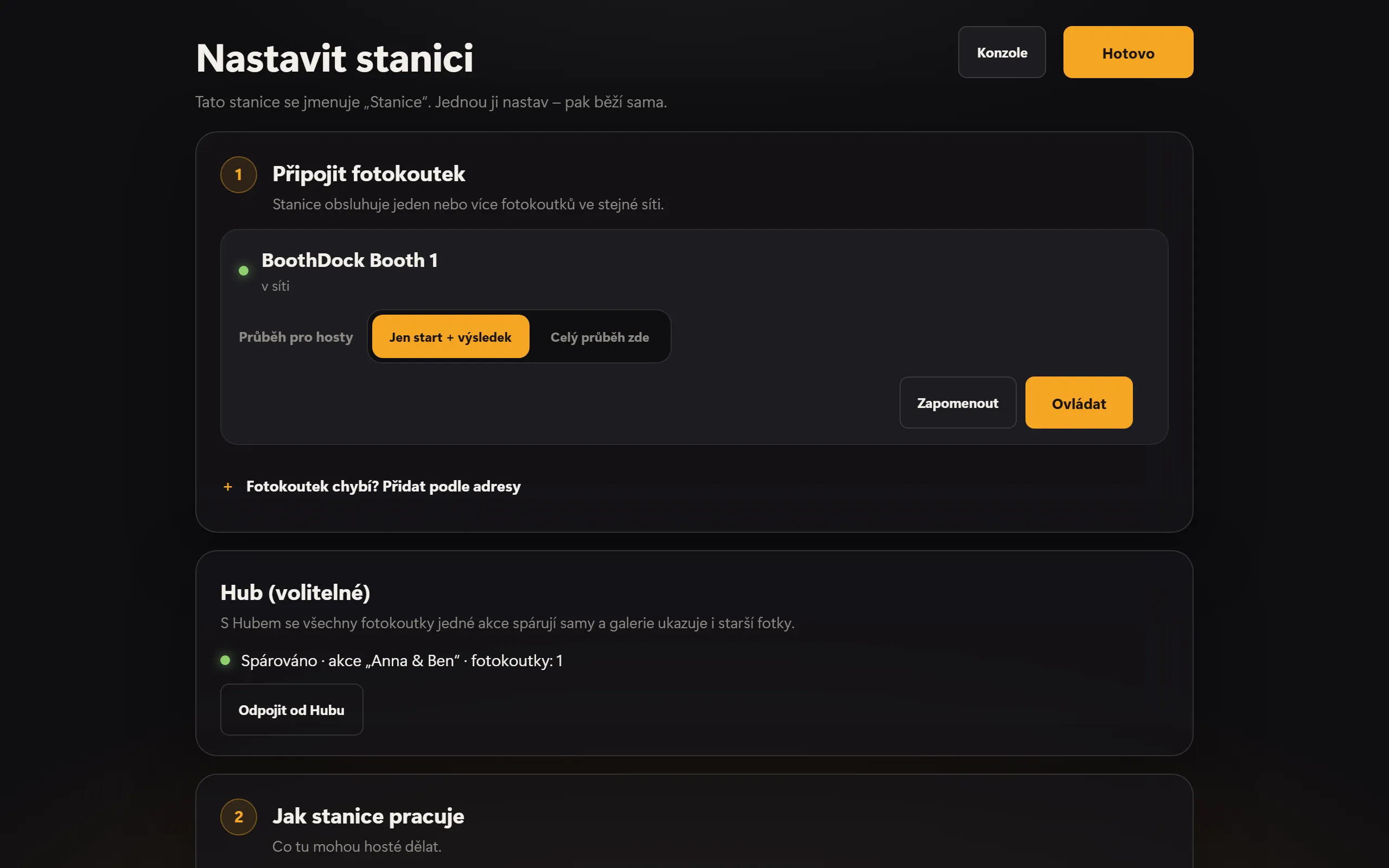 Nastavení stanice: spárovaný box a Hub