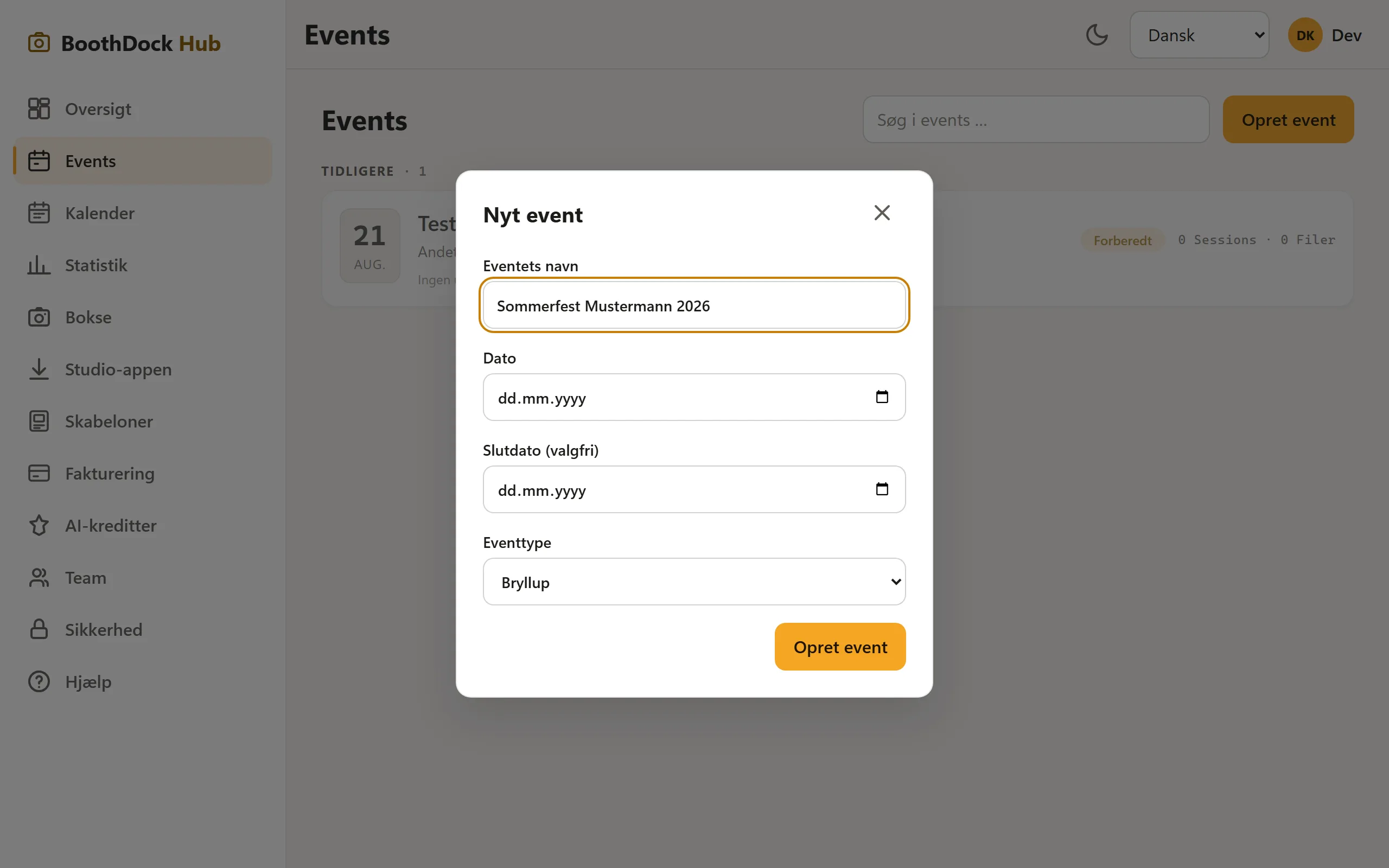 Dialogen „Nyt event" med navn, dato og eventtype