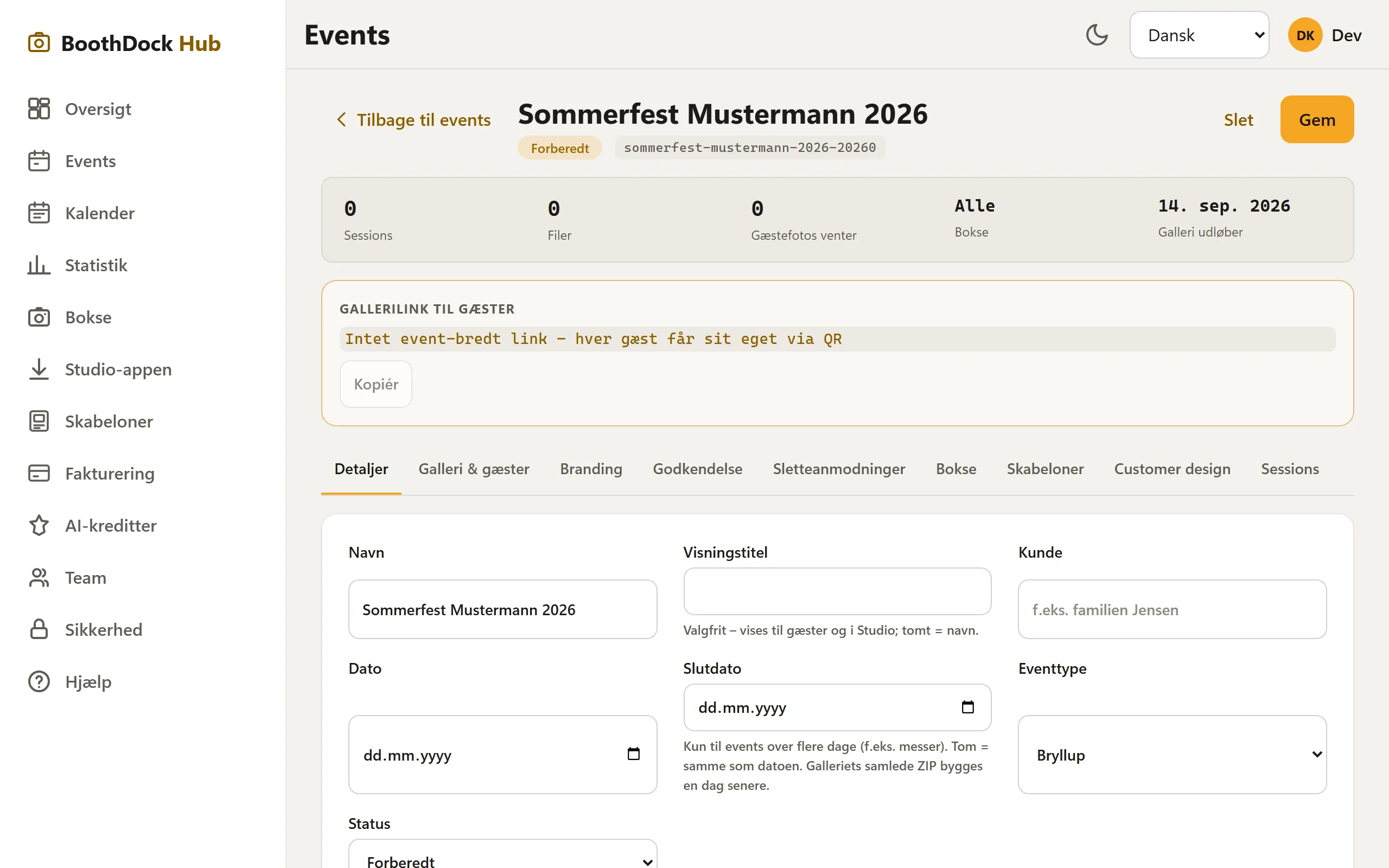 Det oprettede event med sine faner (detaljer, galleri & gæster, brand …)