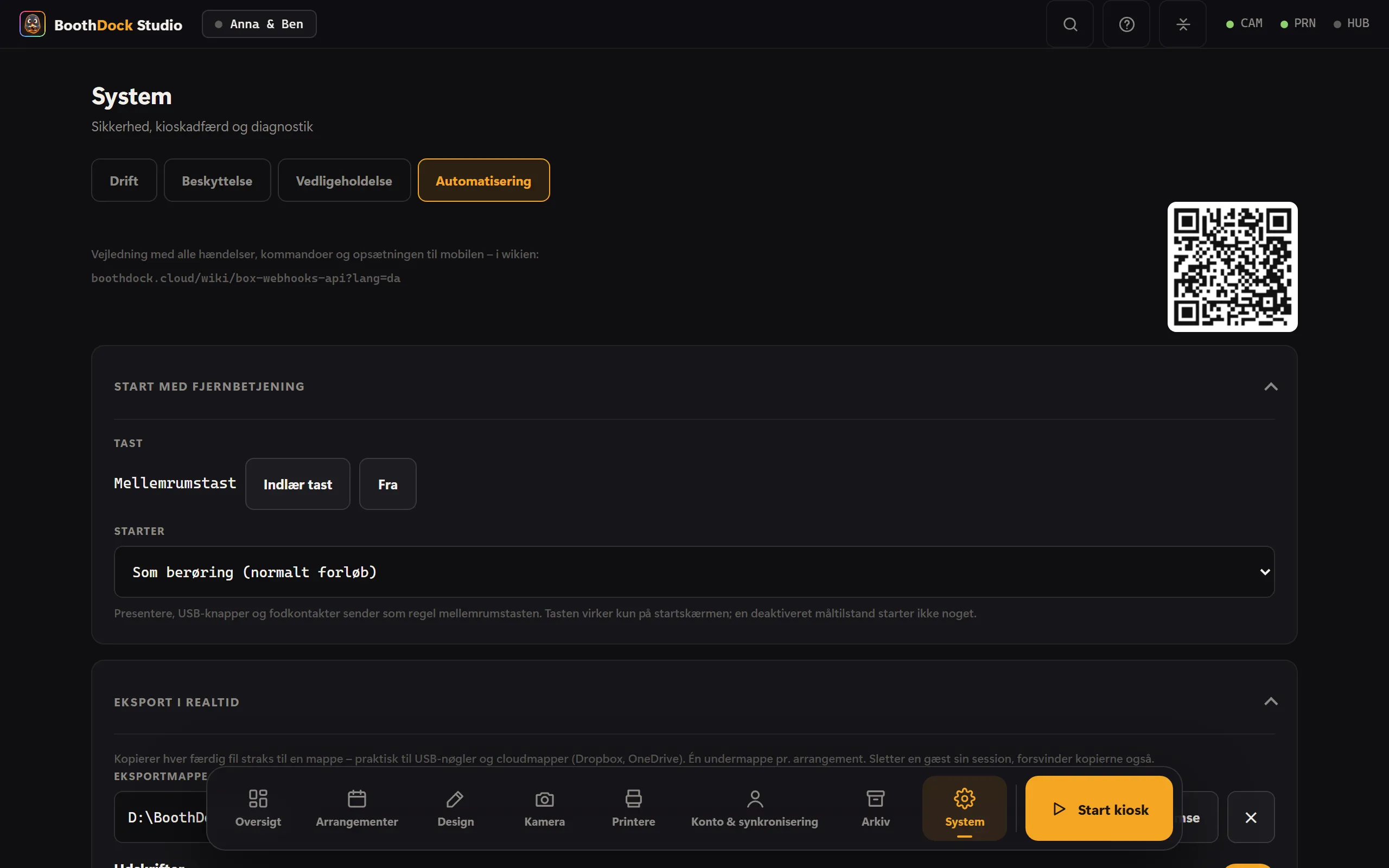 System → Automatisering: eksport i realtid, webhooks og lokal API