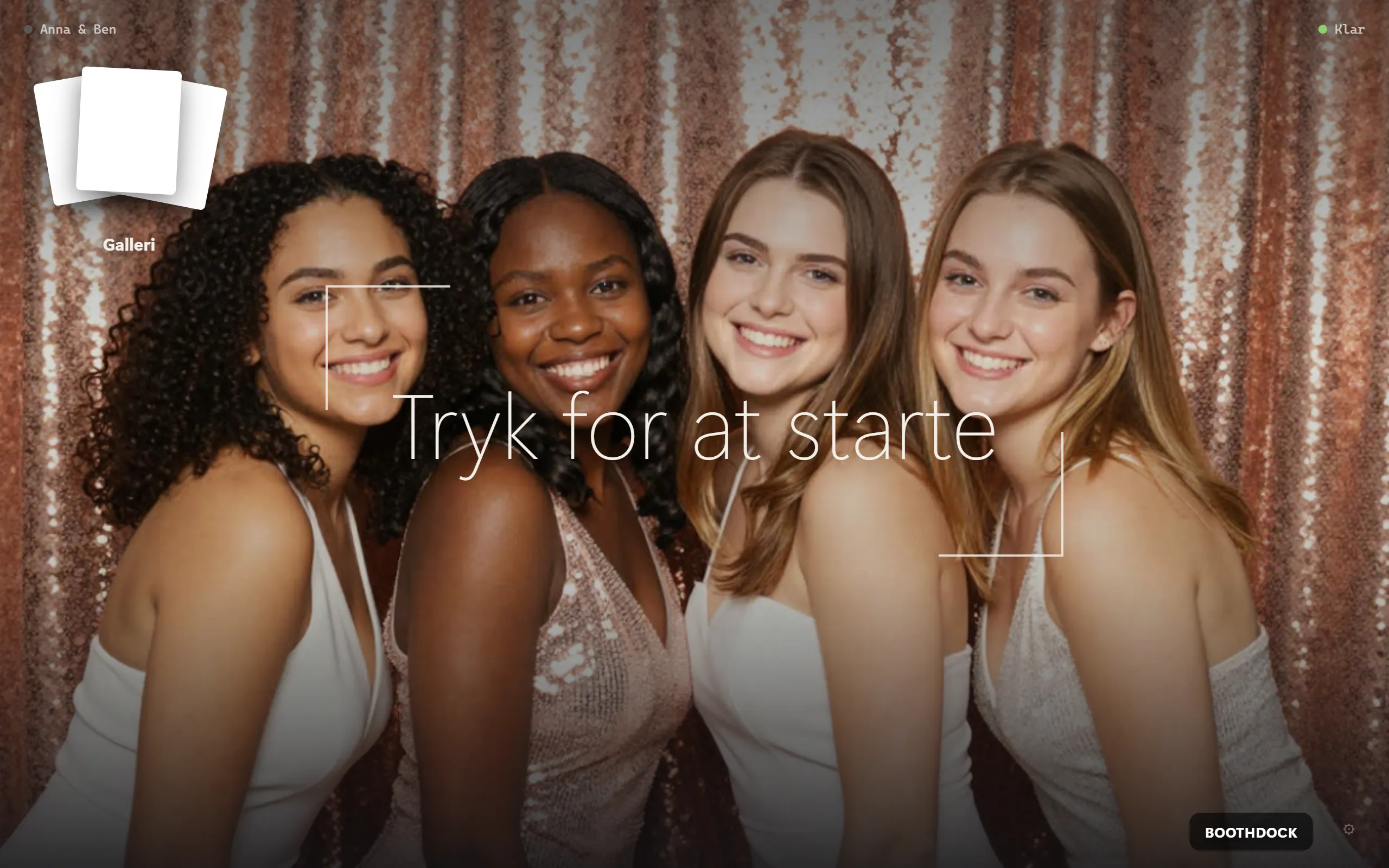 Gæste-kiosken ved boksen: „Tryk for at starte" med liveforhåndsvisning