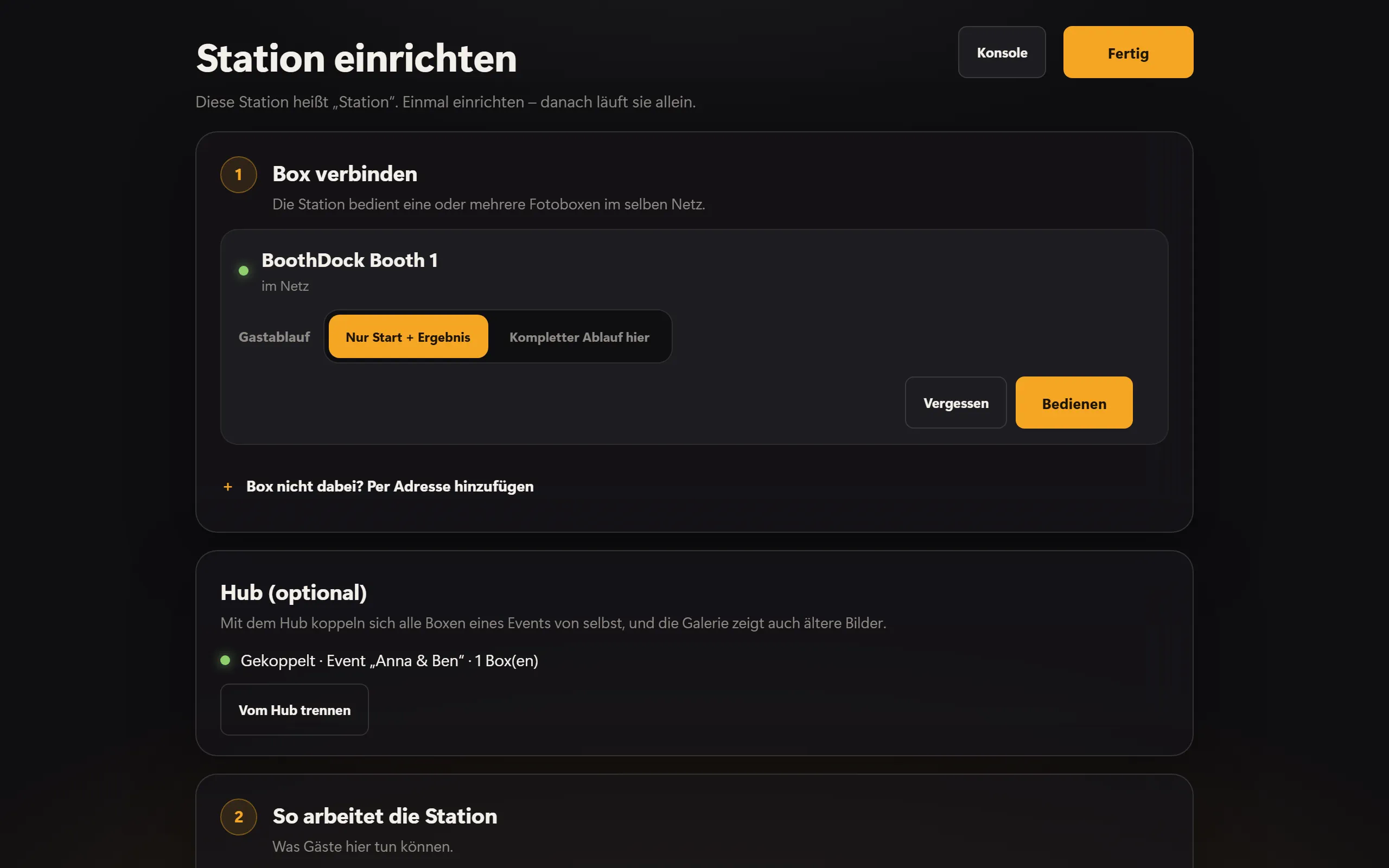 Die Einrichtung der Station: gekoppelte Box und Hub