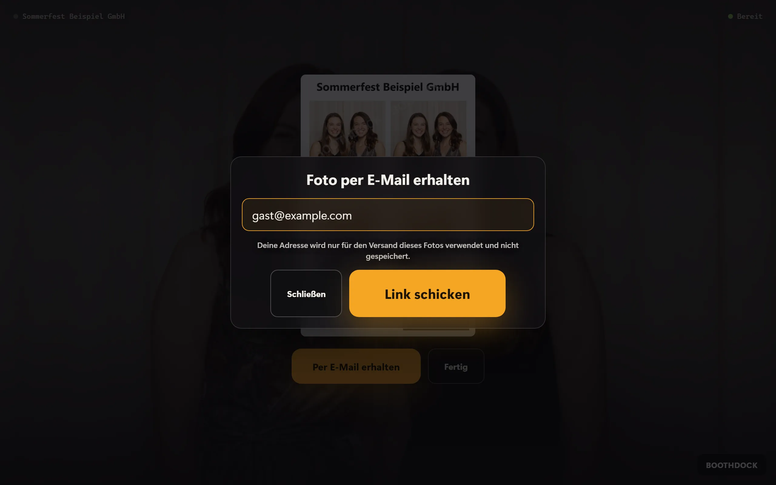 Fenster „Foto per E-Mail erhalten“ mit Adressfeld, Hinweis und „Link schicken“