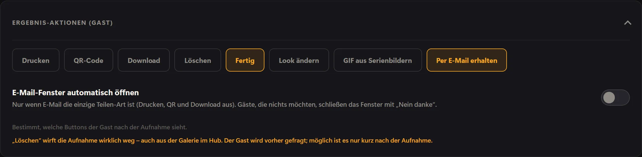 „Ergebnis-Aktionen (Gast)“: nur „Fertig“ und „Per E-Mail erhalten“ aktiv, darunter „E-Mail-Fenster automatisch öffnen“