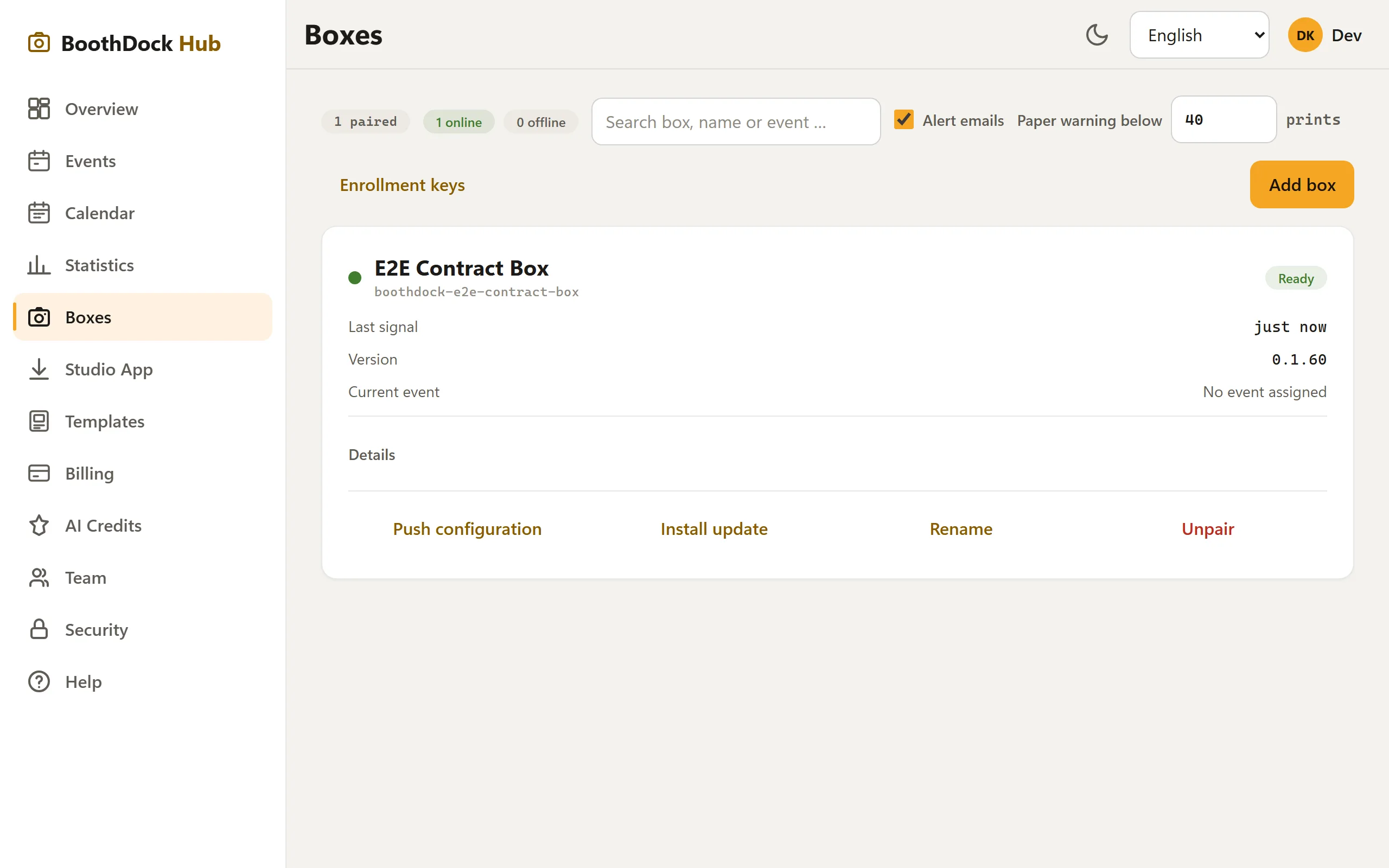 The "Boxes" section: paired boxes with online status, version and paper warning