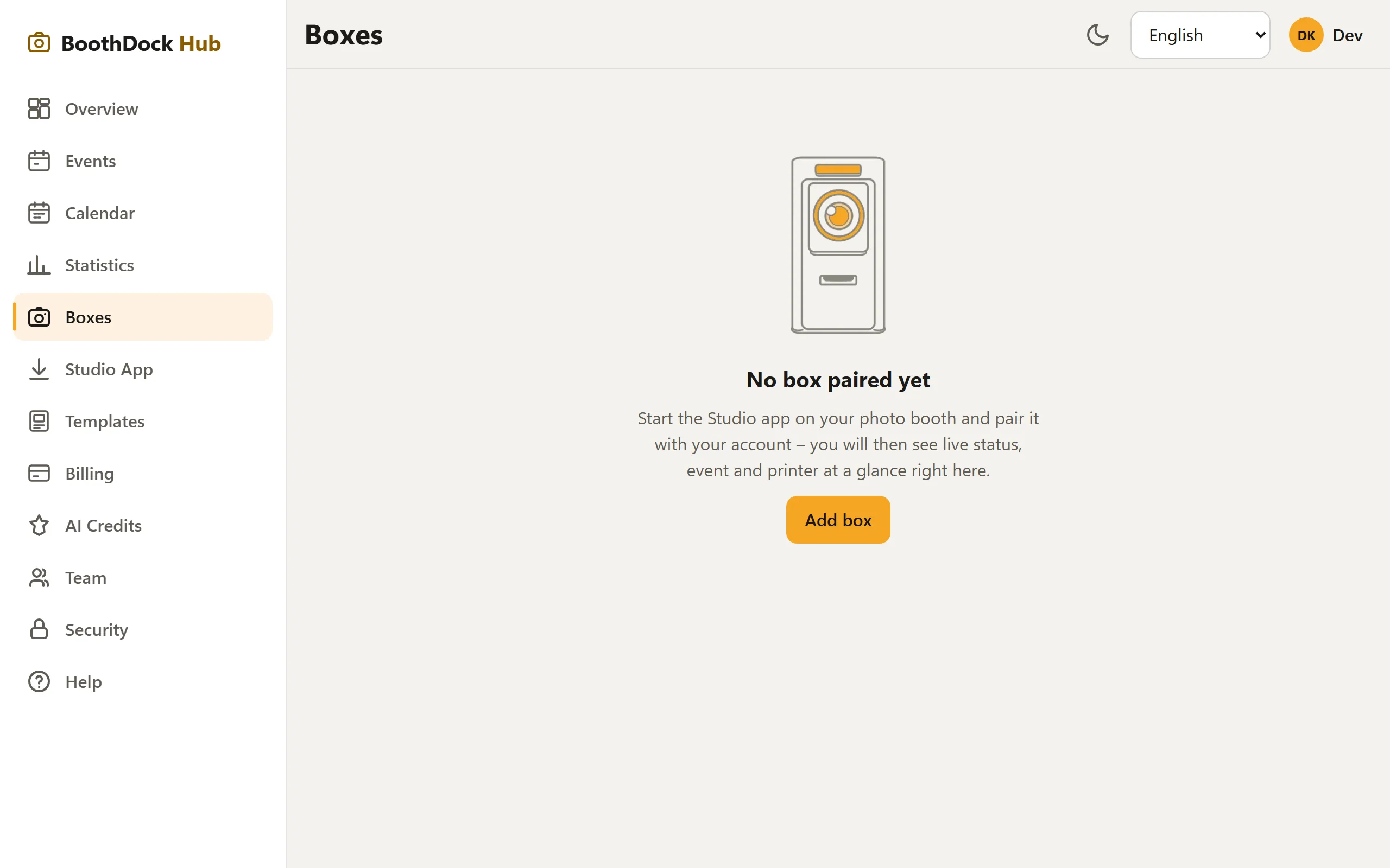 The "Boxes" section in the Hub with "Add box"