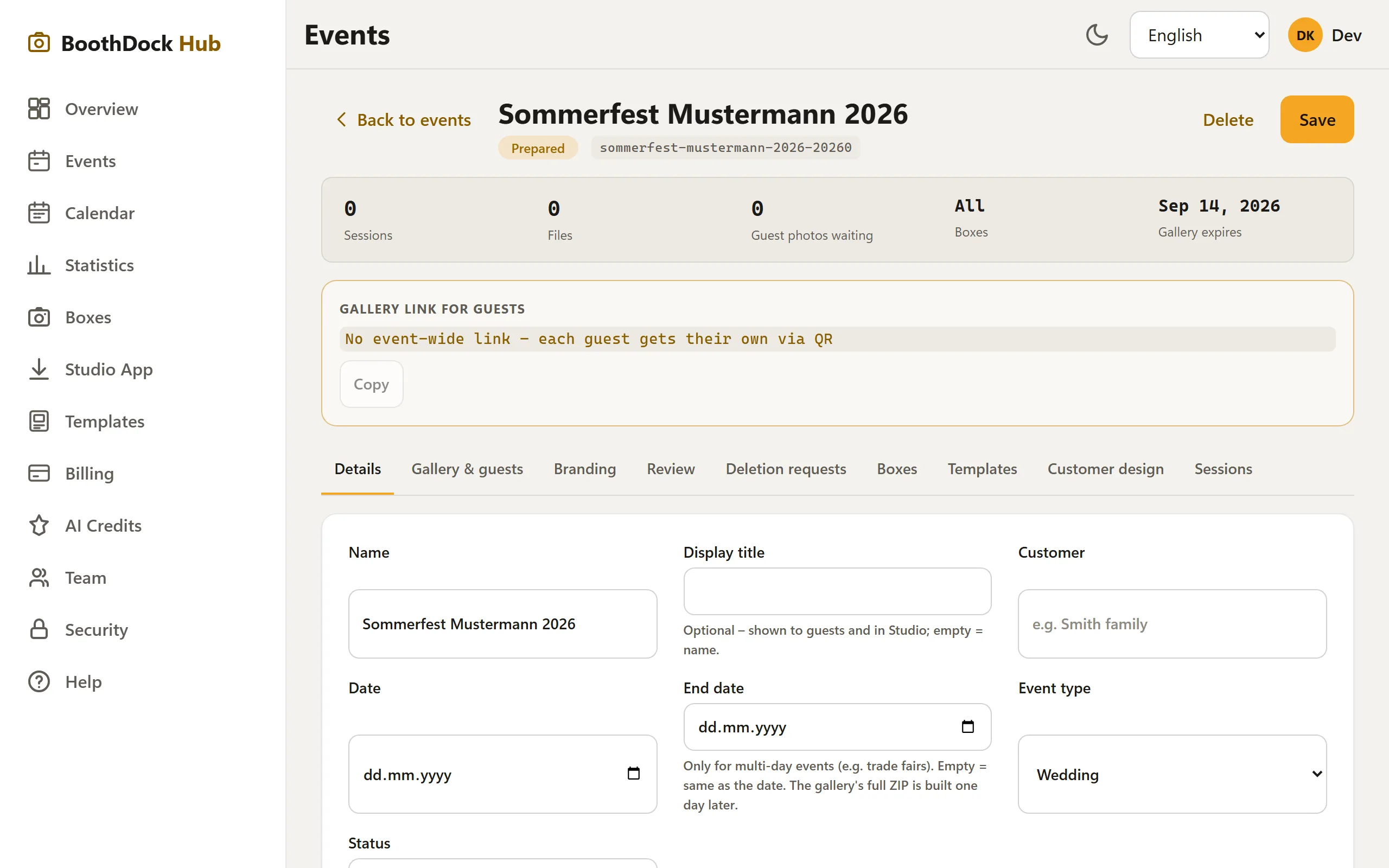 The created event with its tabs (Details, Gallery & Guests, Brand …)