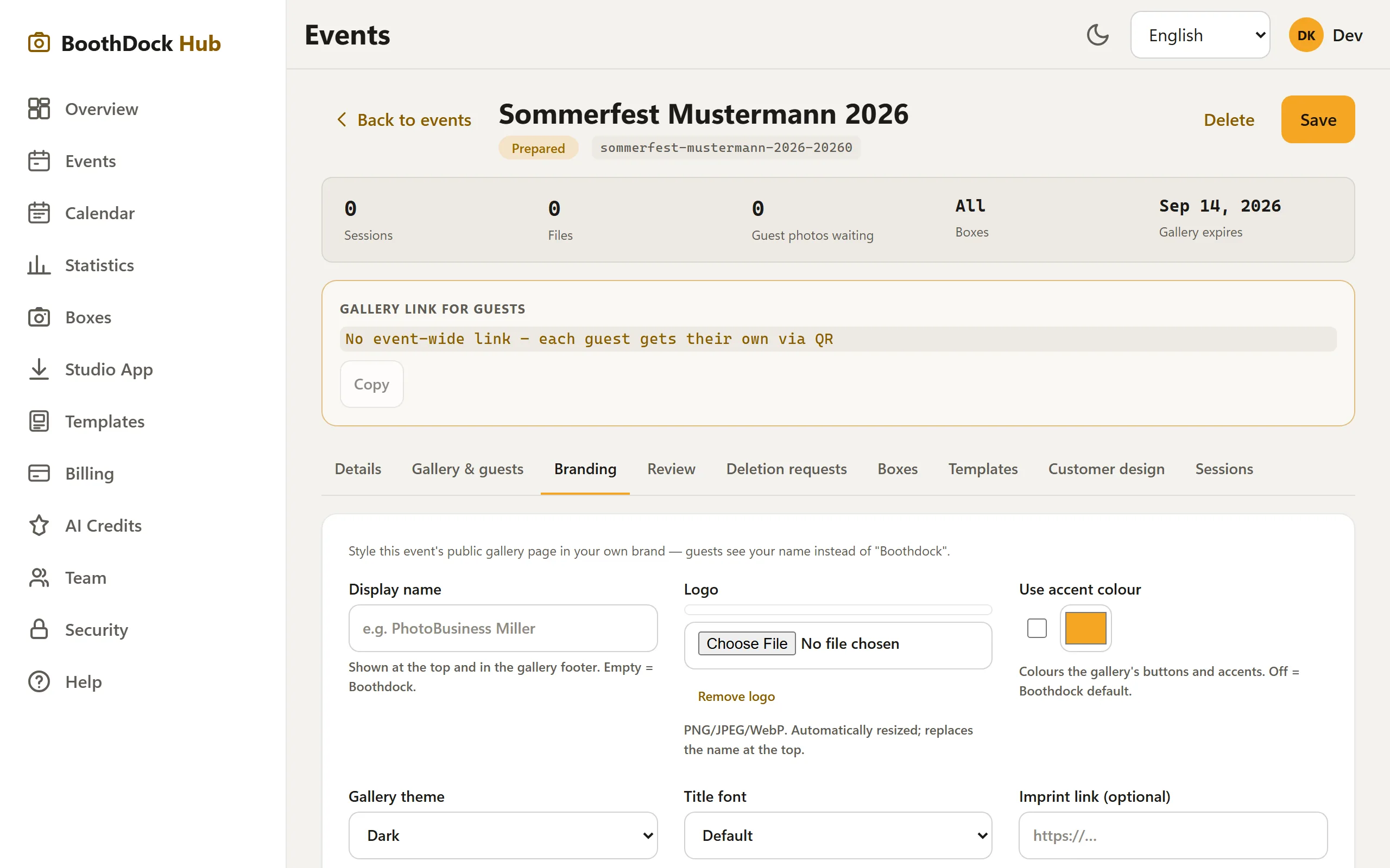 The "Brand" tab: display name, logo, accent color, theme and title font