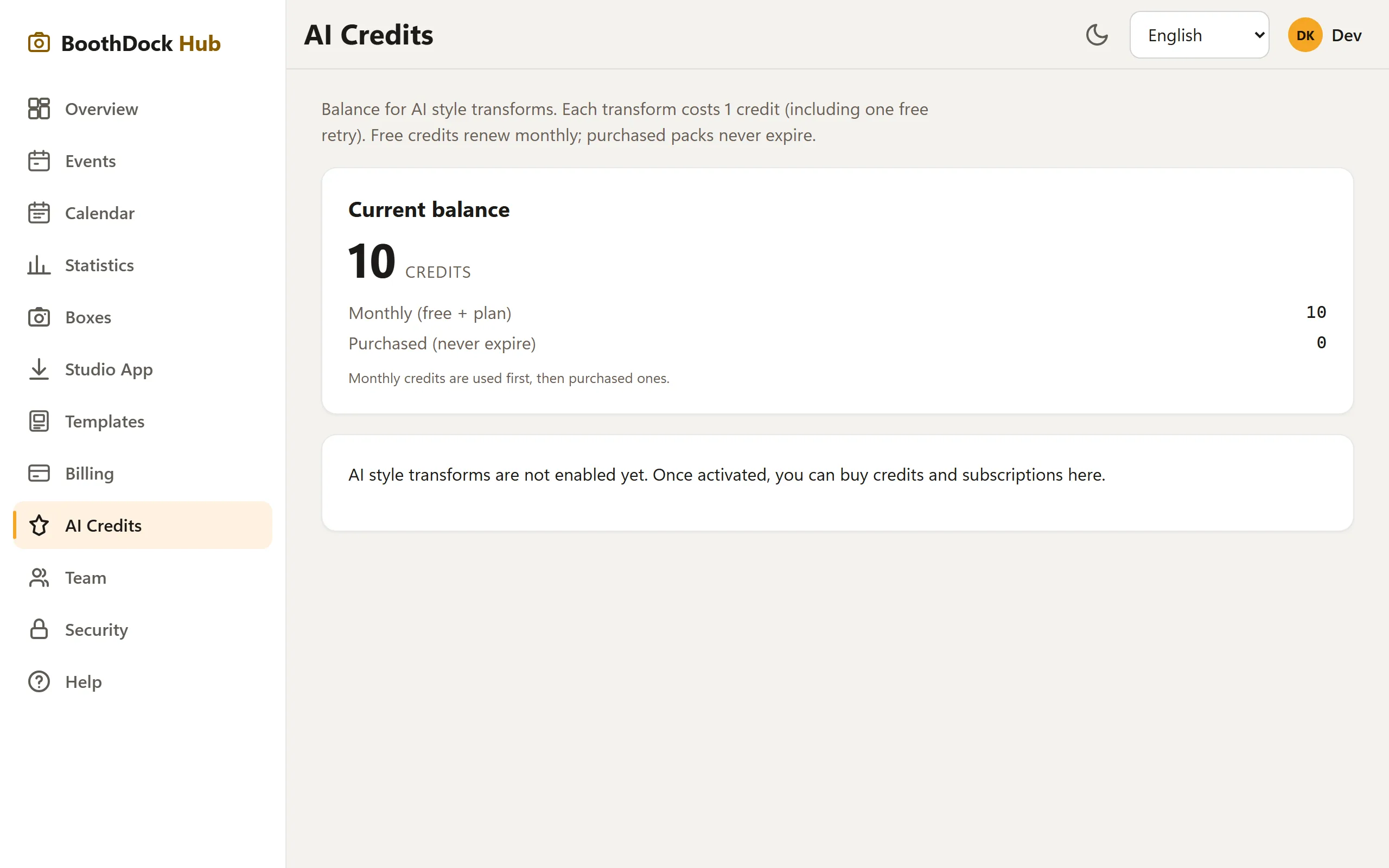 AI credits in the Hub: current balance, monthly and purchased credits