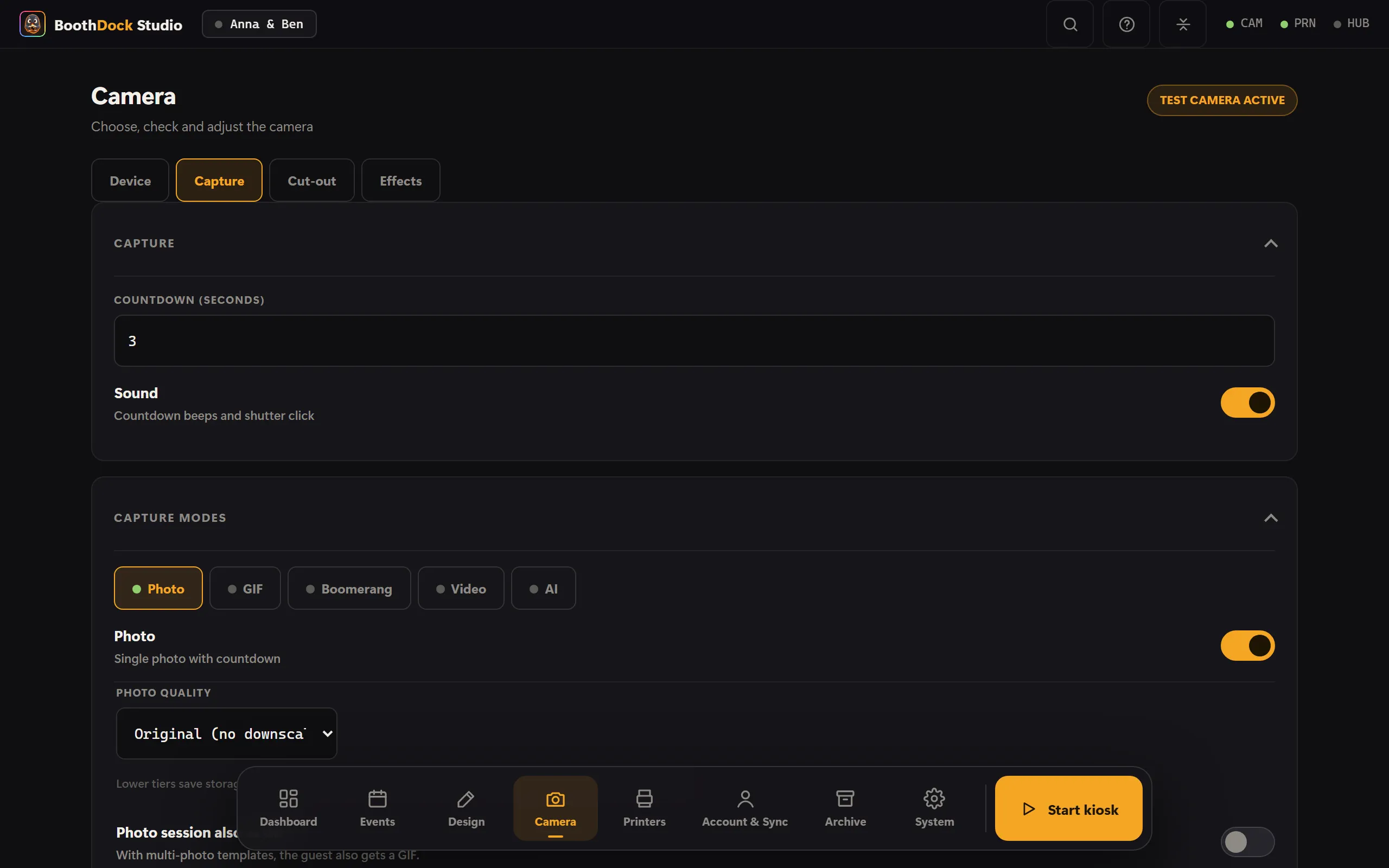 Capture modes in the camera area: enable photo, GIF, boomerang, video and AI