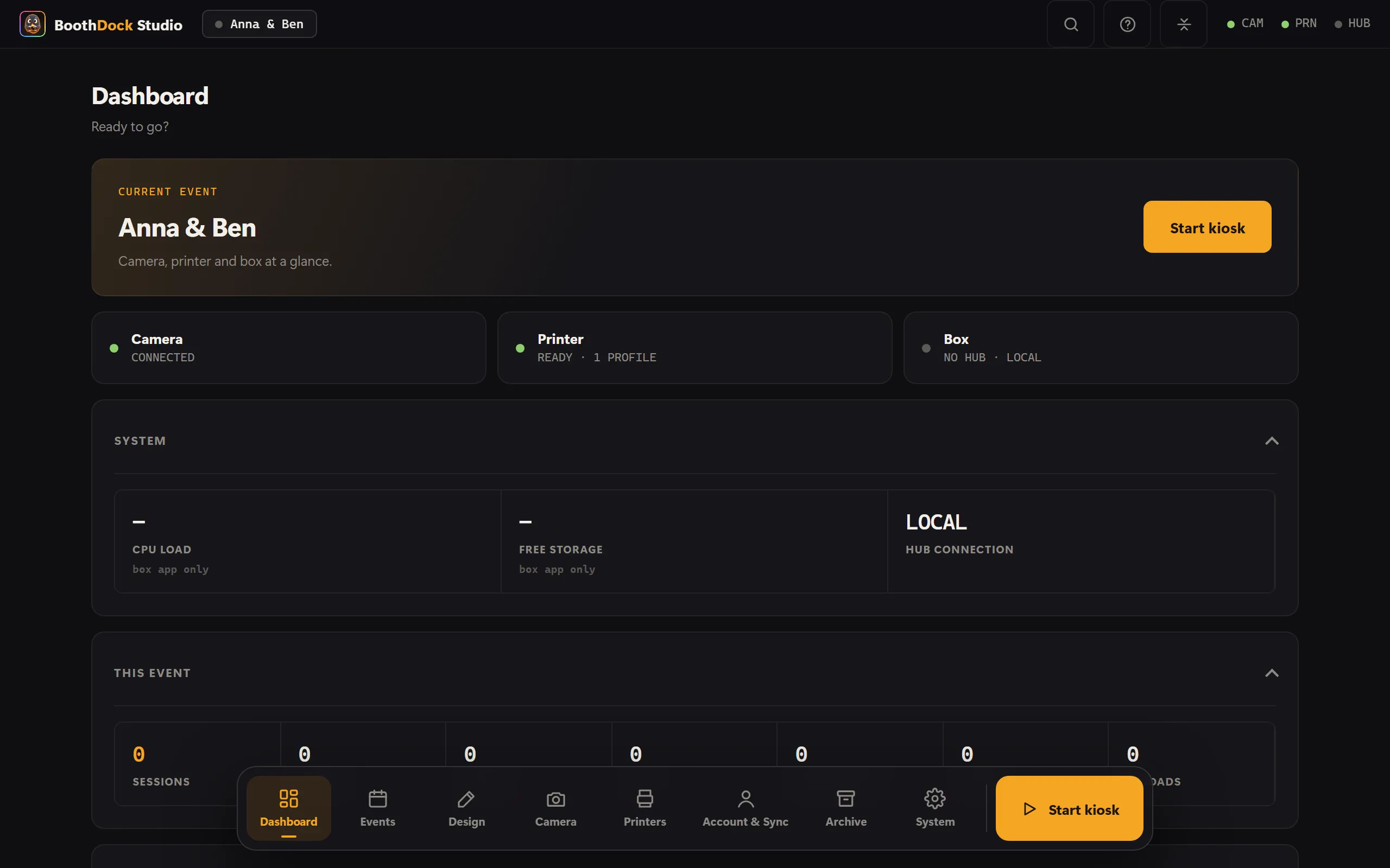 The Studio dashboard: camera, printer and box status at a glance