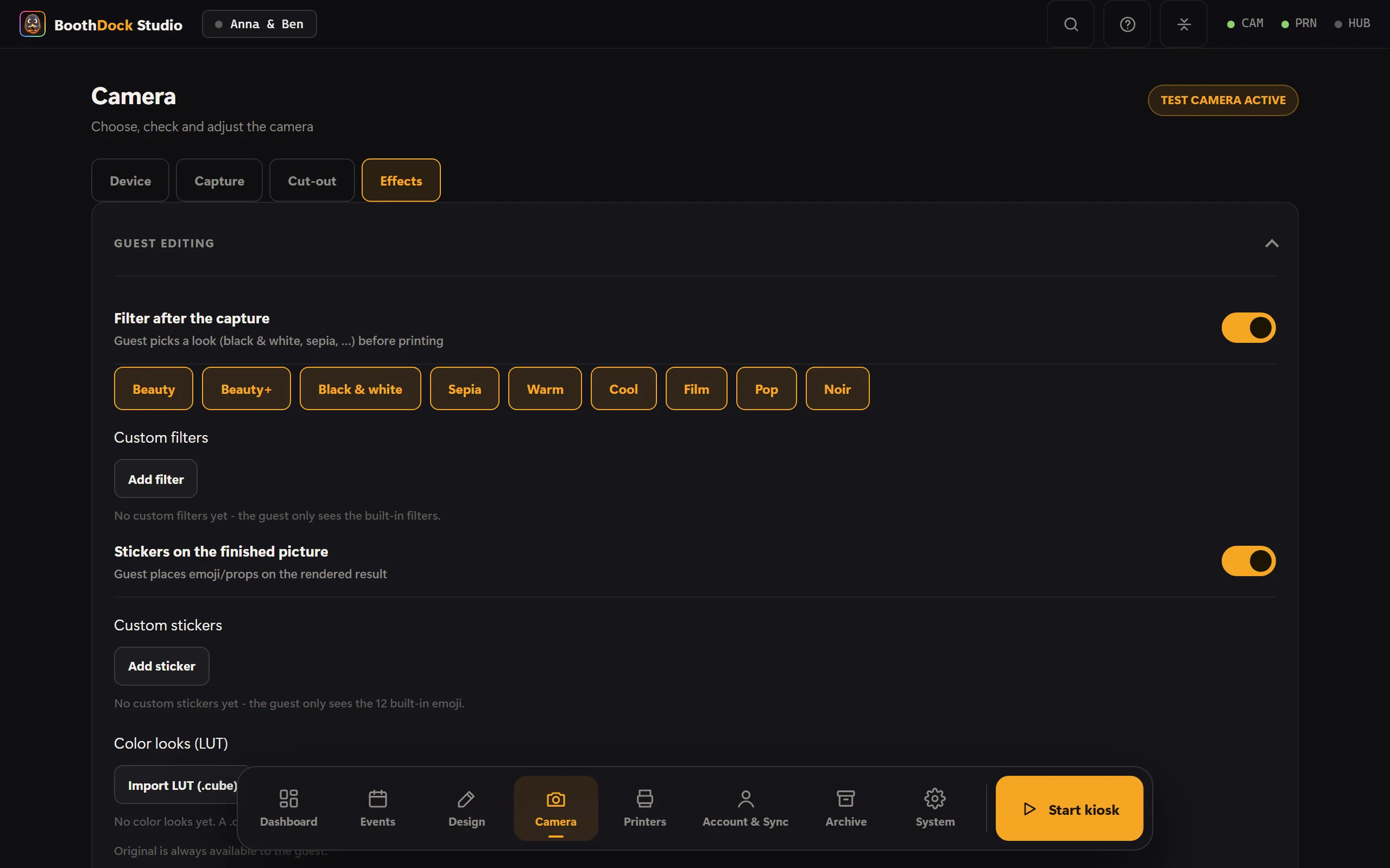 The Effects tab in the camera section: beauty, looks, color looks and stickers