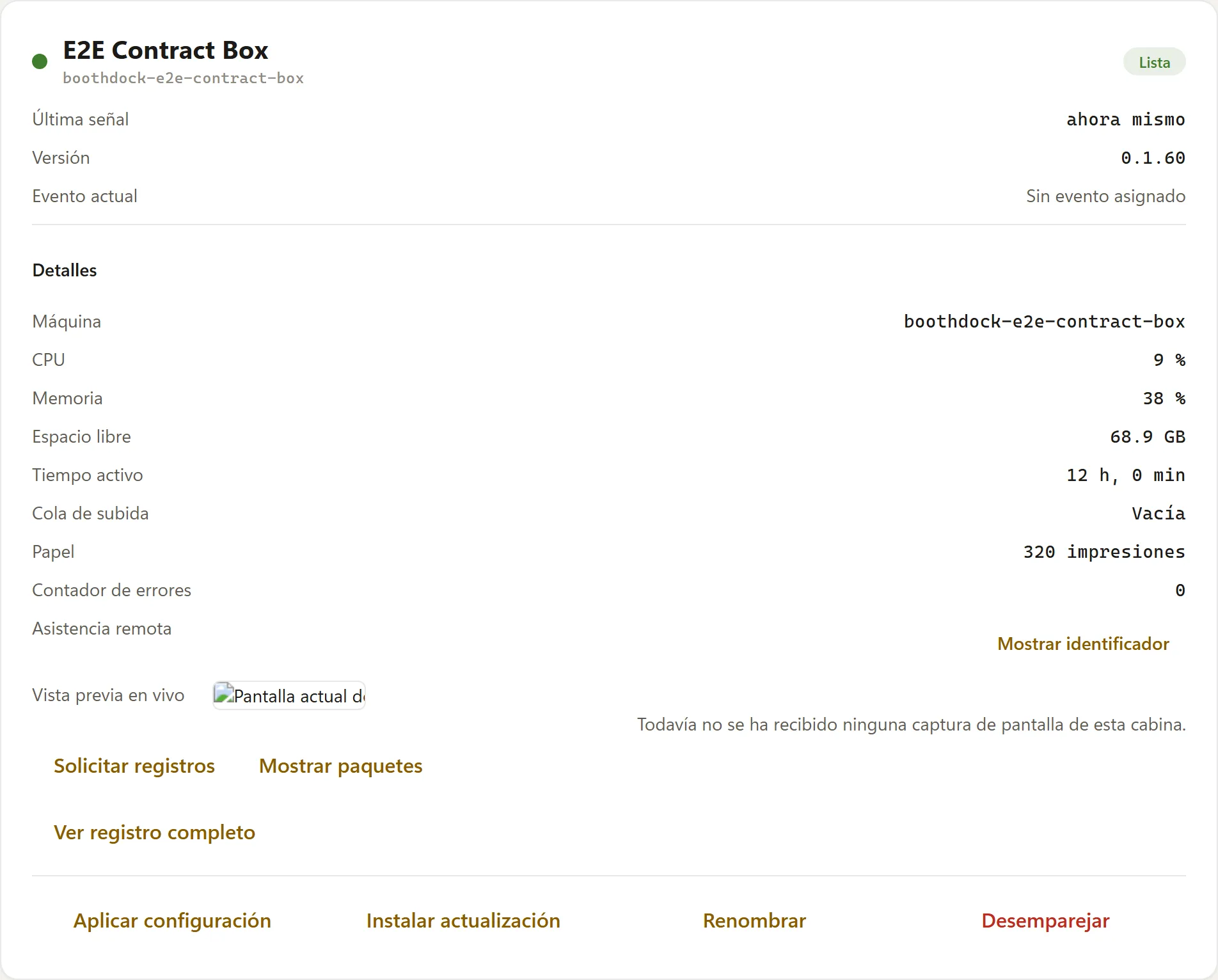 Control remoto en el detalle de la Box del Hub: "Iniciar actualización" y "Desvincular"