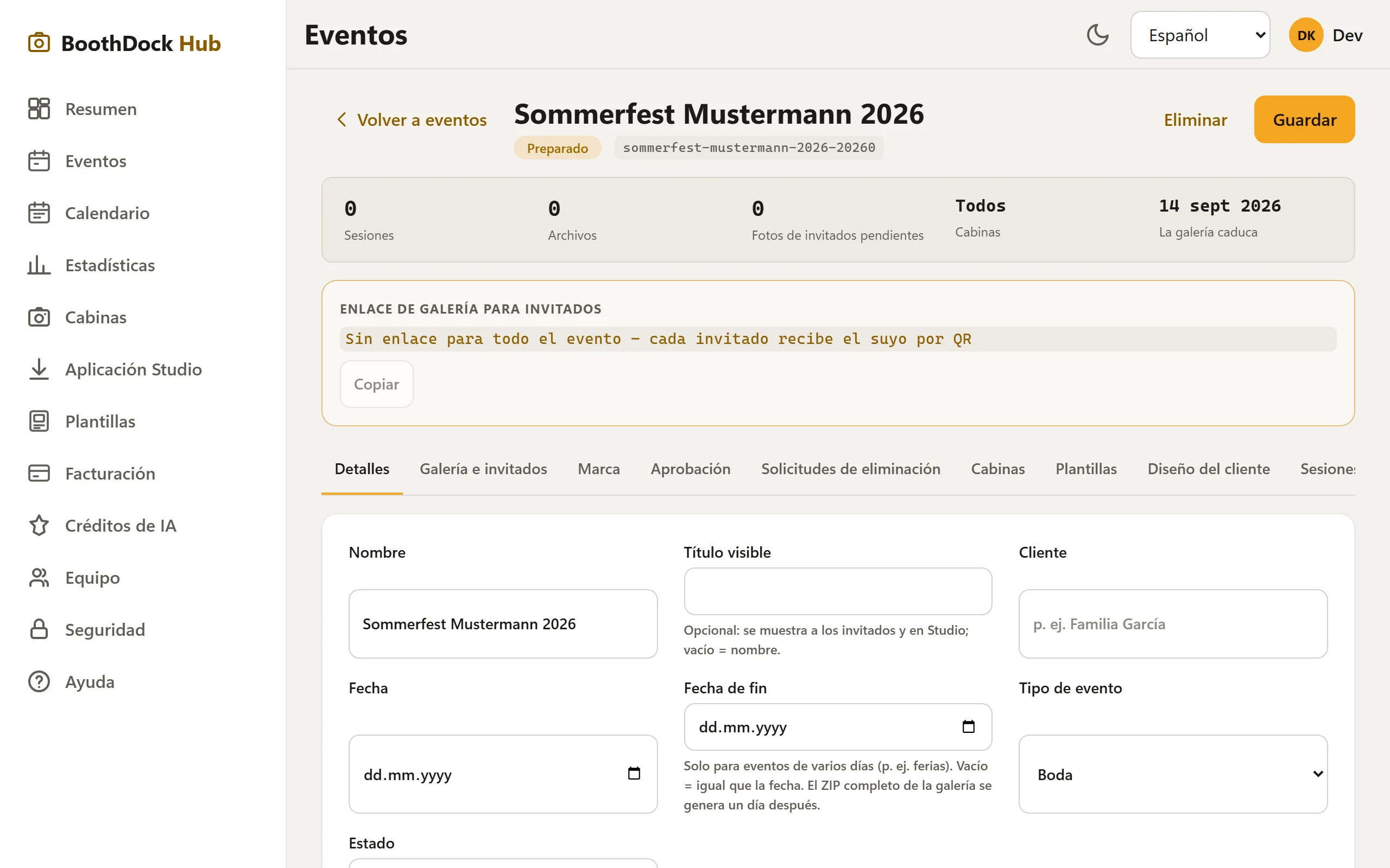 El evento creado con sus pestañas (Detalles, Galería e invitados, Marca…)