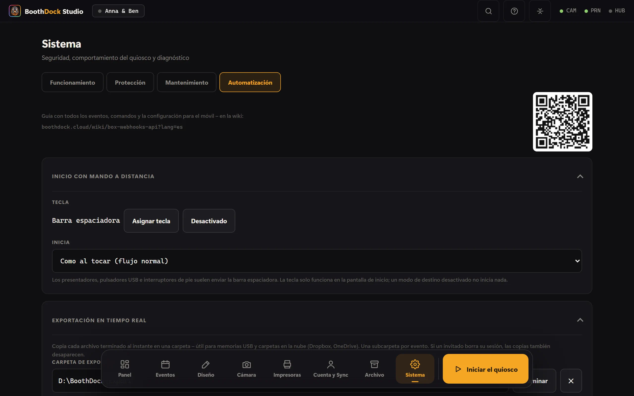 Sistema → Automatización: exportación en tiempo real, webhooks y API local