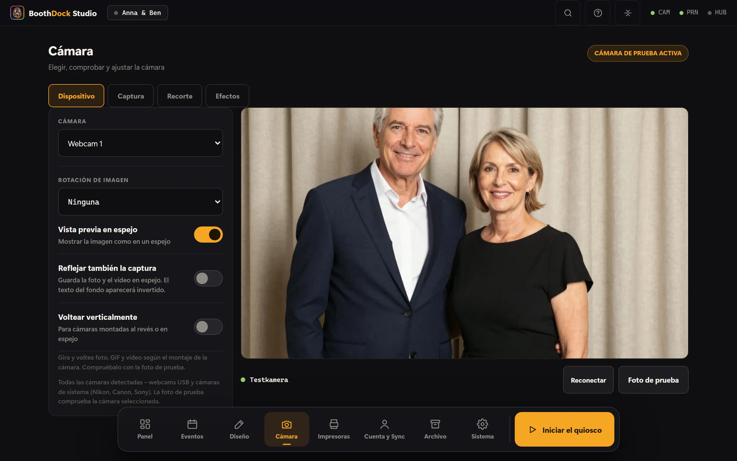El área de cámara en Studio: vista previa en vivo, lista de dispositivos y orientación