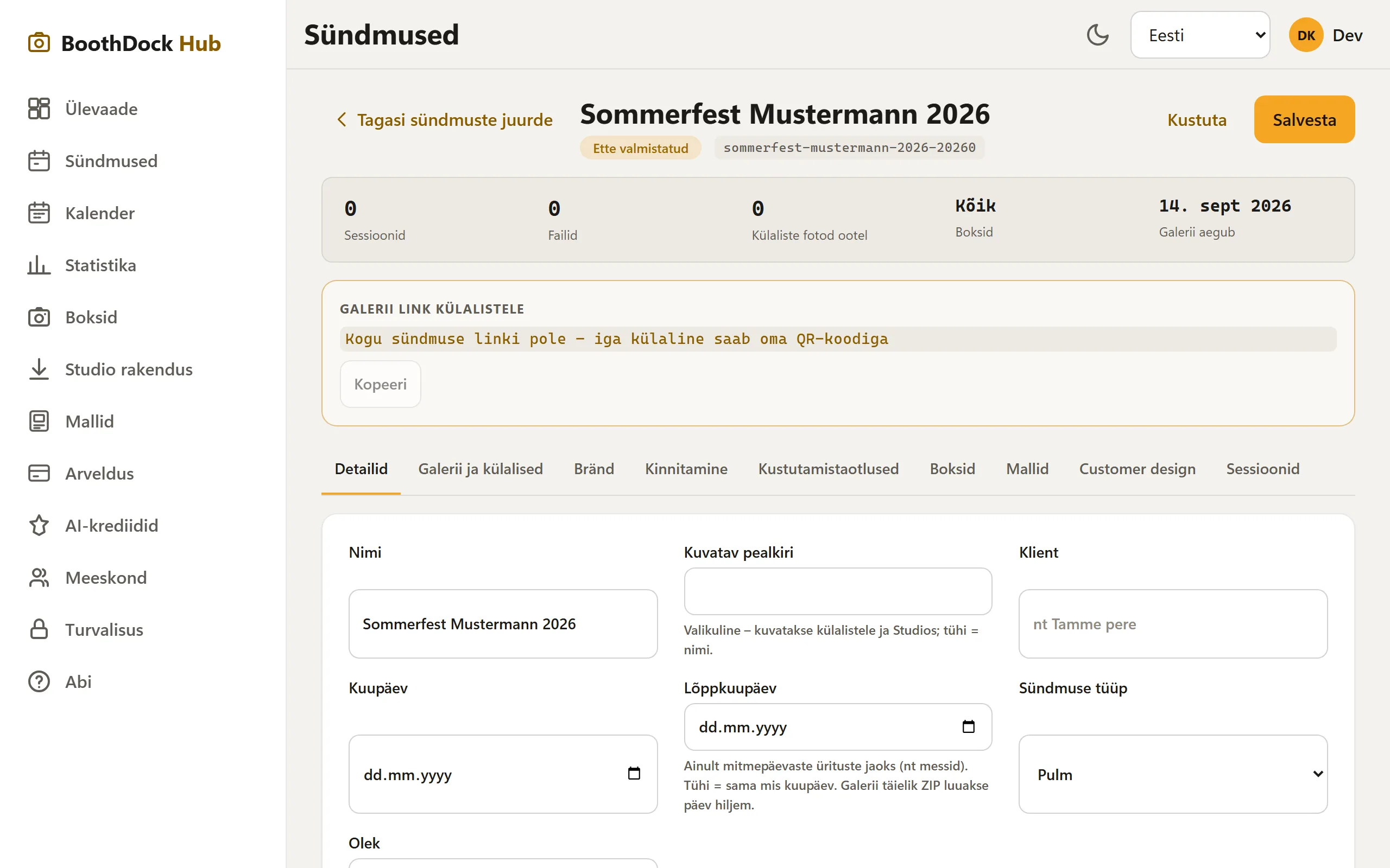 Loodud üritus koos vahekaartidega (detailid, galerii ja külalised …)