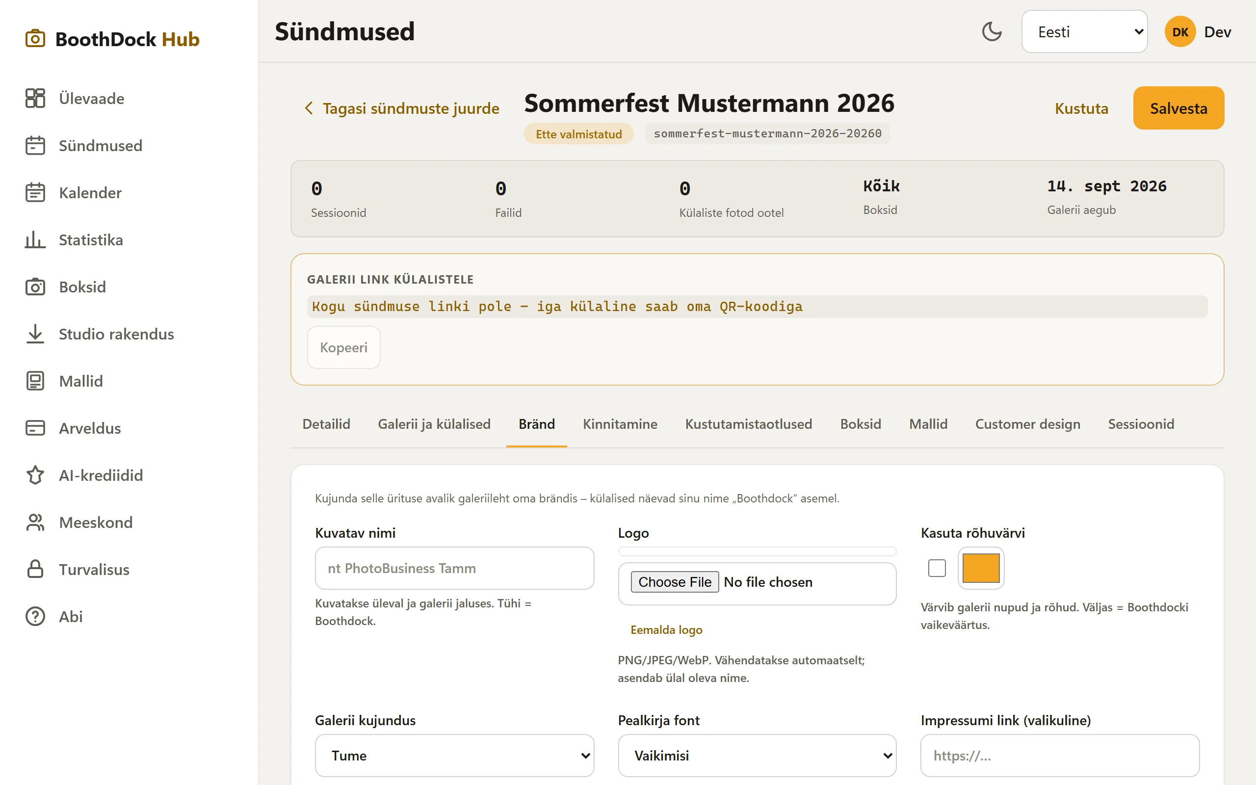 Vahekaart „Bränd": kuvatav nimi, logo, aktsentvärv, kujundus ja pealkirja font