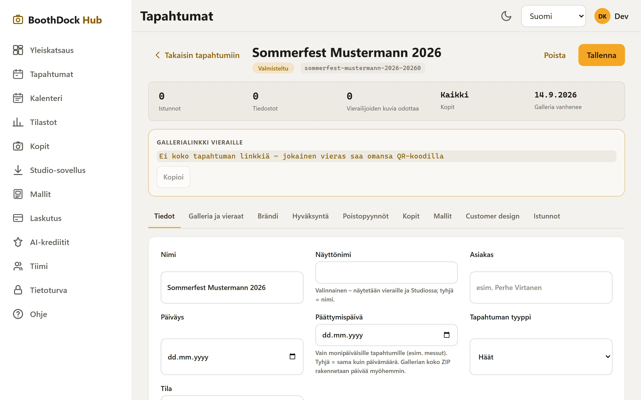 Luotu tapahtuma välilehtineen (Tiedot, Galleria ja vieraat, Brändi …)
