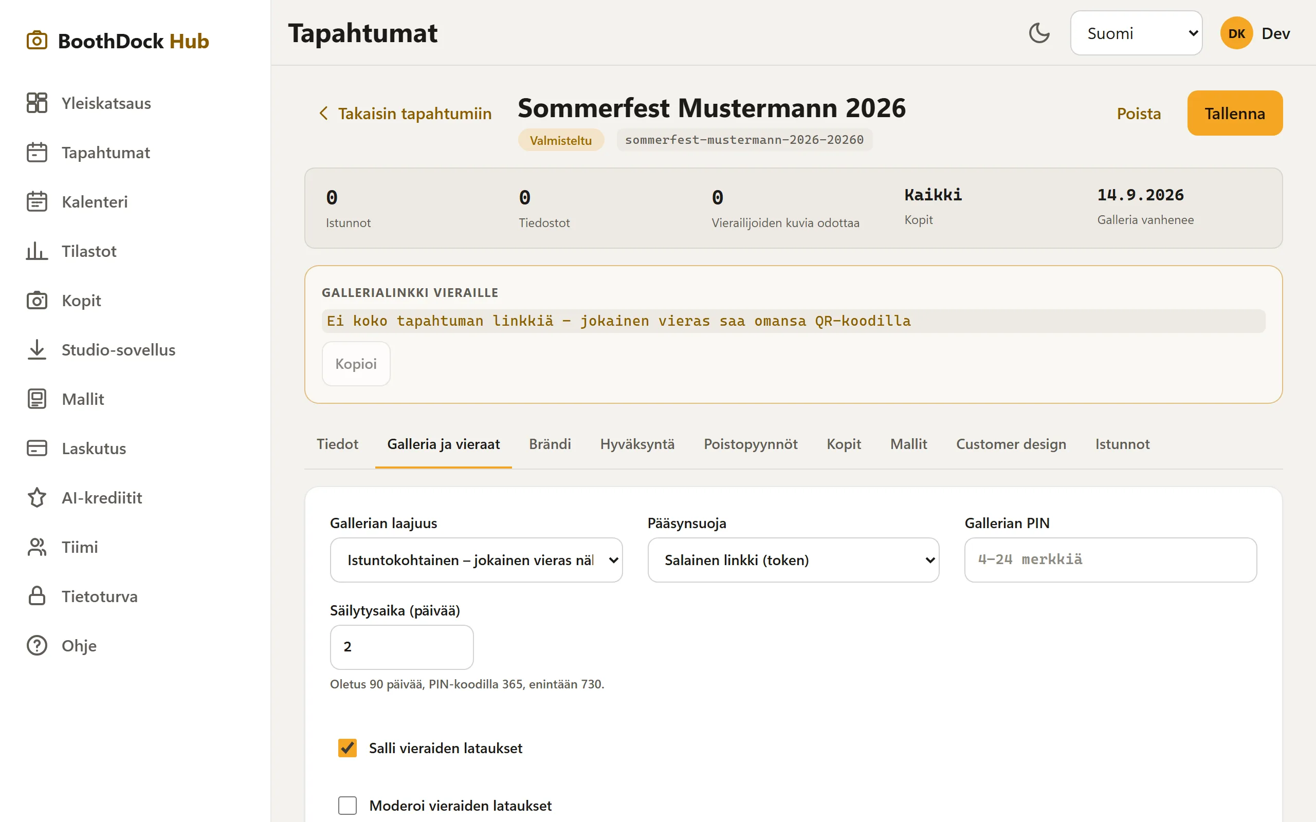 Välilehti „Galleria ja vieraat": laajuus, käyttöoikeussuoja, PIN-koodi ja säilytysaika