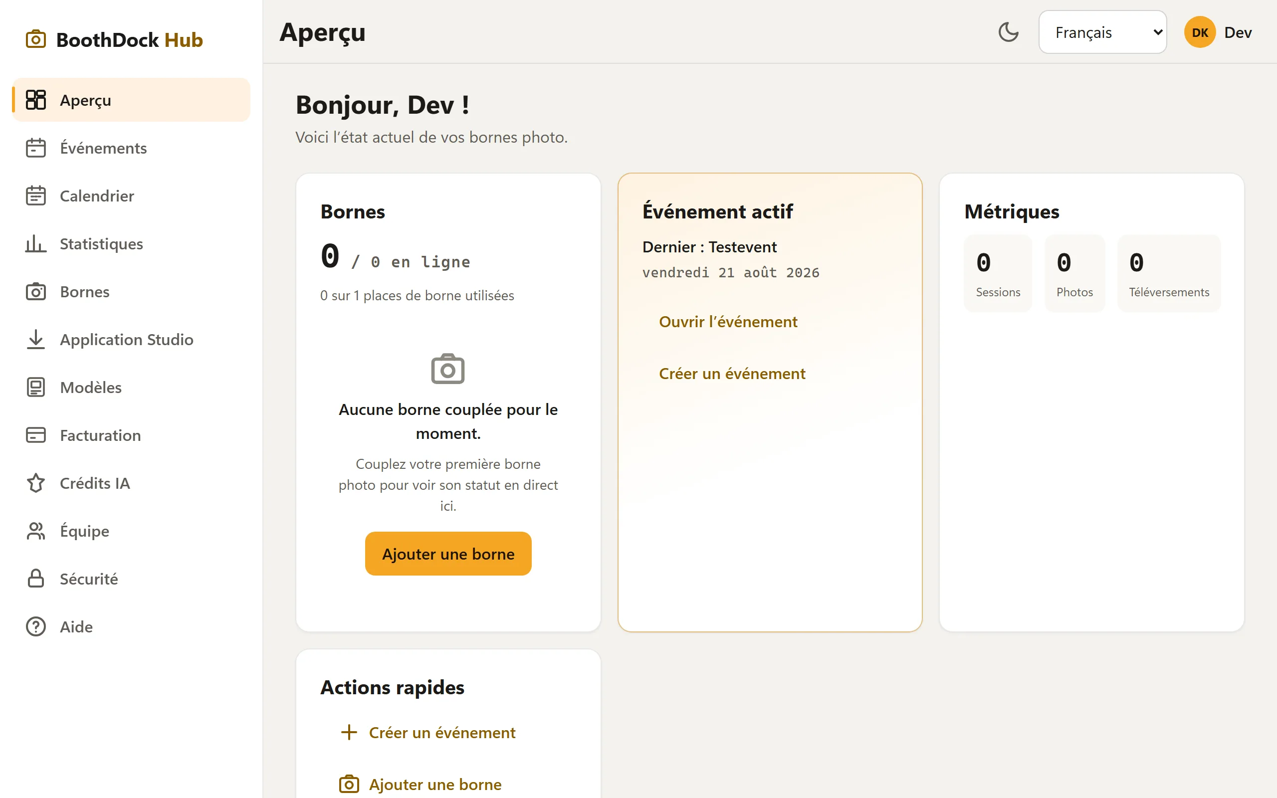 Le cockpit du Hub : Box, événement actif et indicateurs clés en un coup d'œil