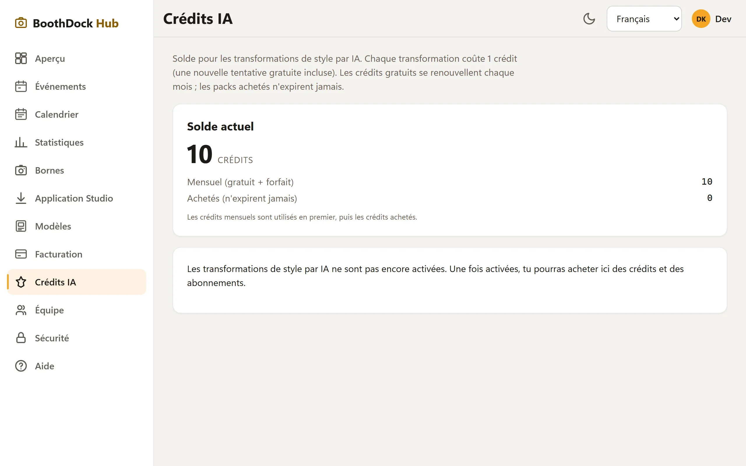 Crédits IA dans le Hub : solde actuel, crédits mensuels et achetés