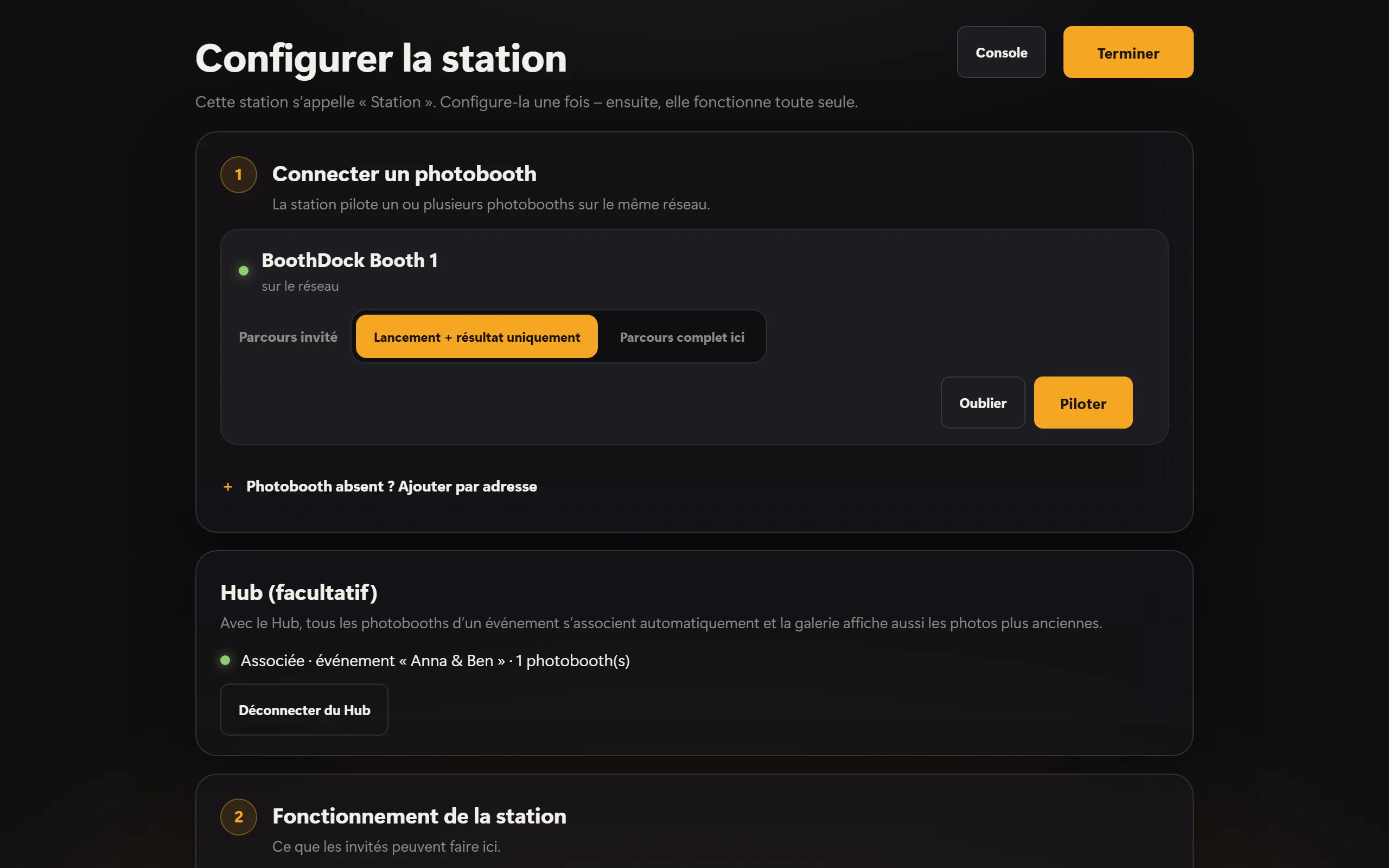 La configuration de la station : Box associée et Hub
