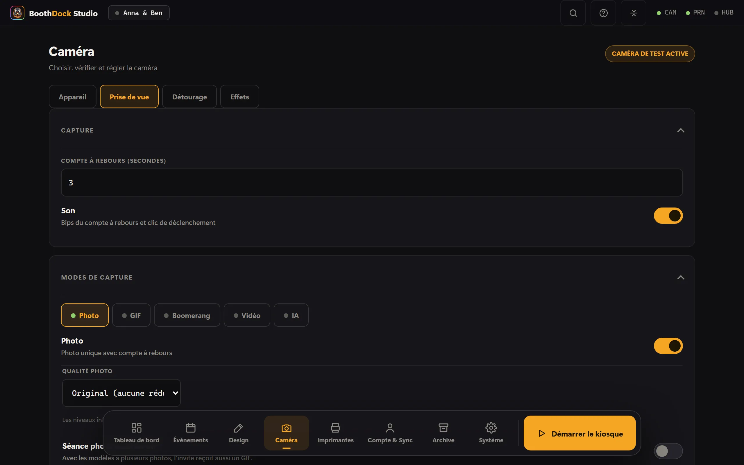 Modes de prise de vue dans la section caméra : activer photo, GIF, boomerang, vidéo et IA