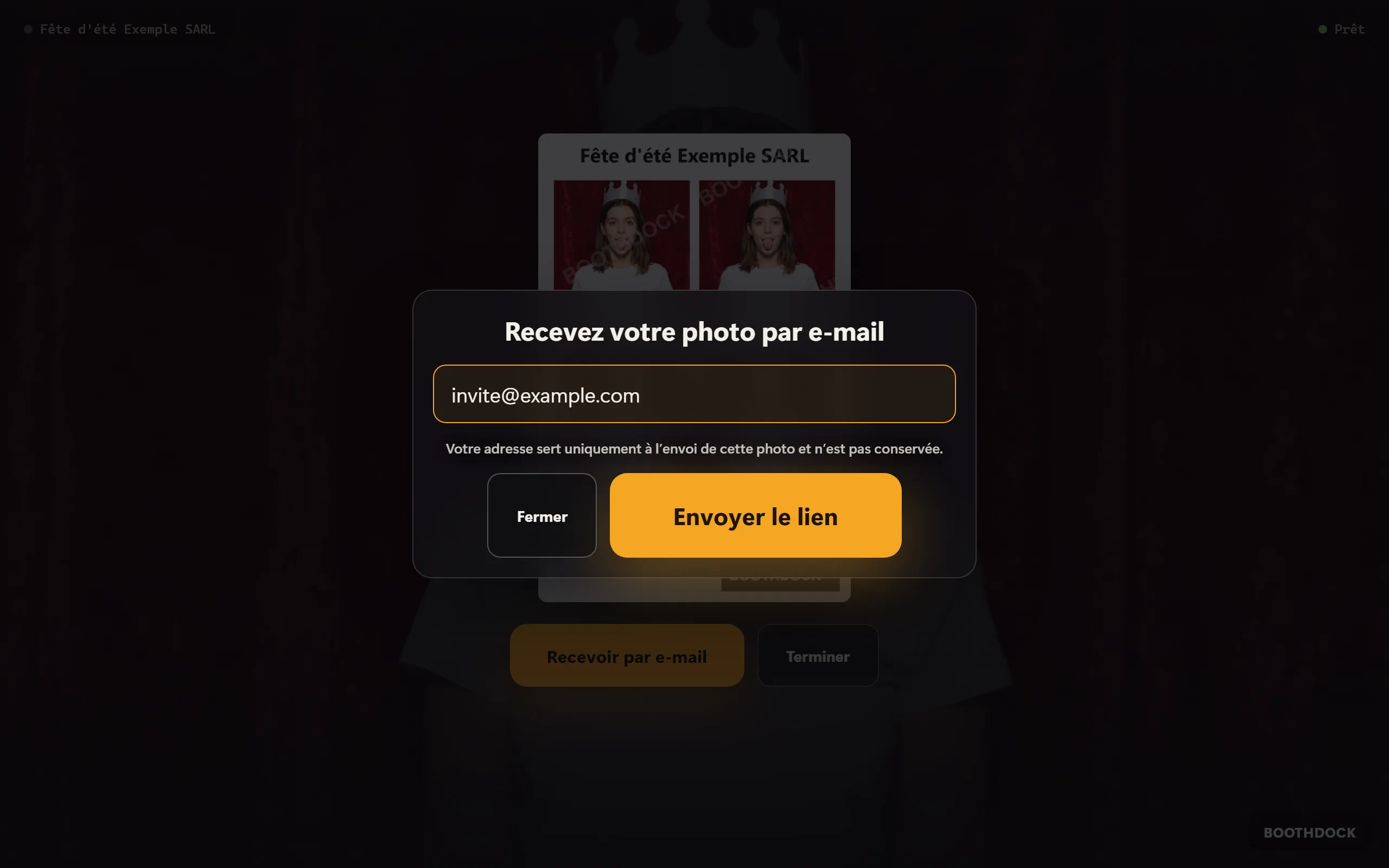 Fenêtre « Recevez votre photo par e-mail » avec champ d'adresse, mention et « Envoyer le lien »
