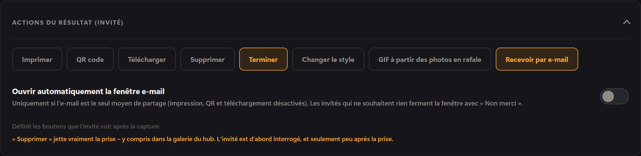 « Actions du résultat (invité) » : seuls « Terminer » et « Recevoir par e-mail » sont actifs, en dessous « Ouvrir automatiquement la fenêtre e-mail »