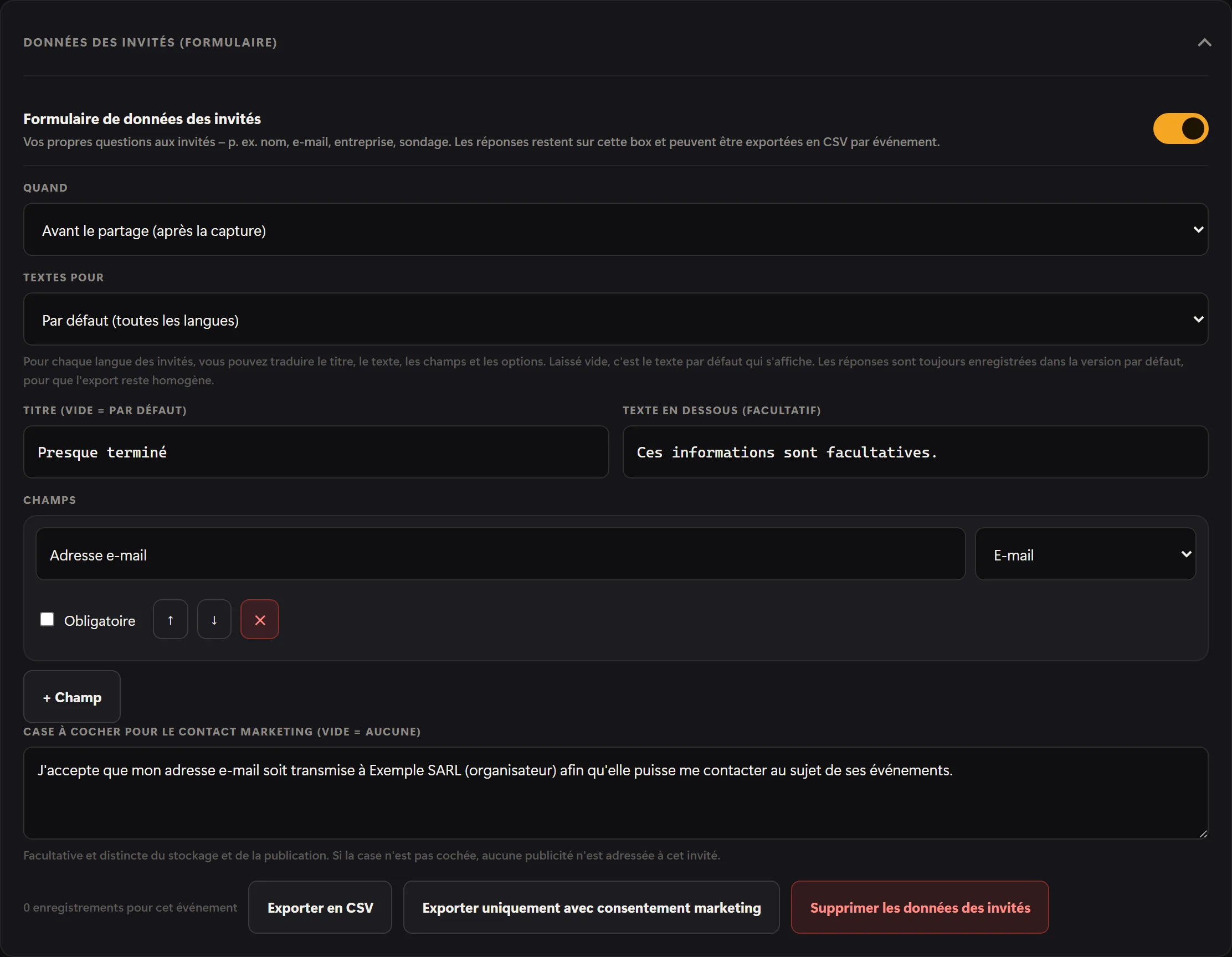 Section « Données des invités (formulaire) » avec champ e-mail, case pour la transmission et « Exporter uniquement avec consentement marketing »