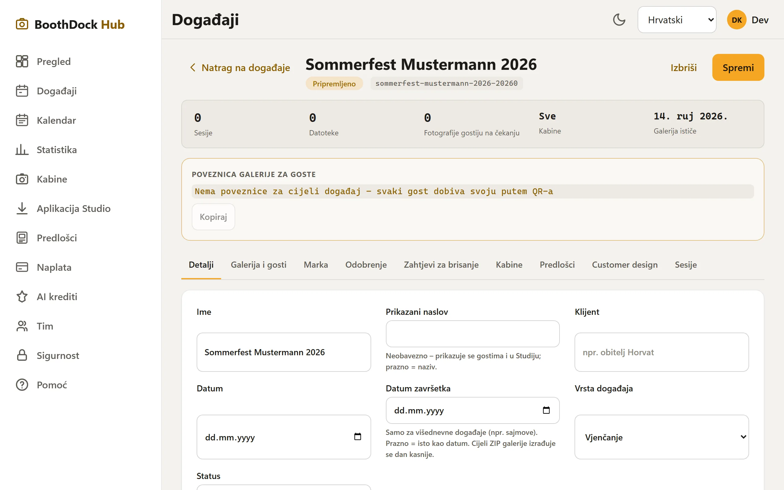 Kreirani event sa svojim karticama (Detalji, Galerija i gosti, Marka …)