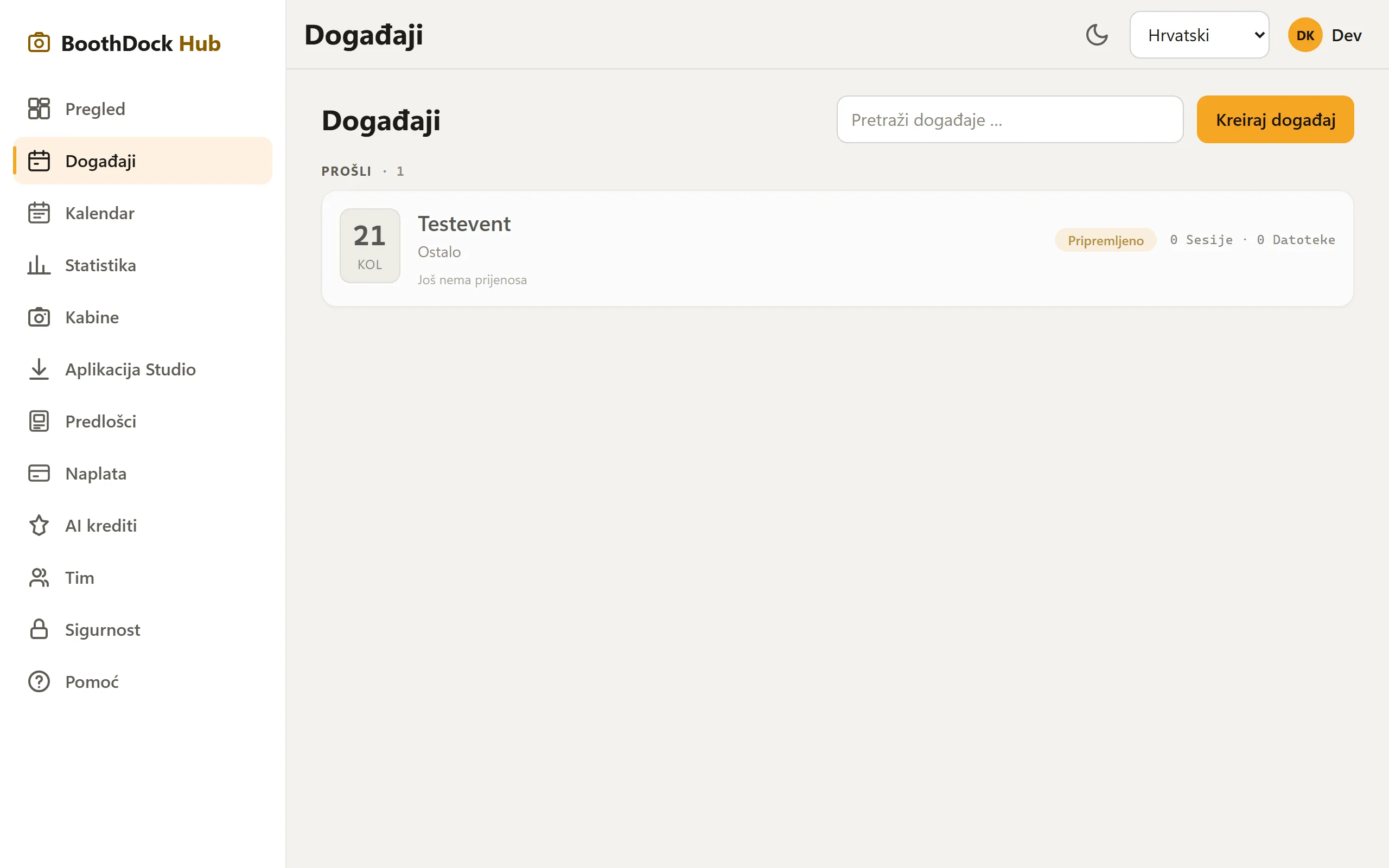 Popis eventa u Hubu s trakom pozornosti i opcijom „Kreiraj event"