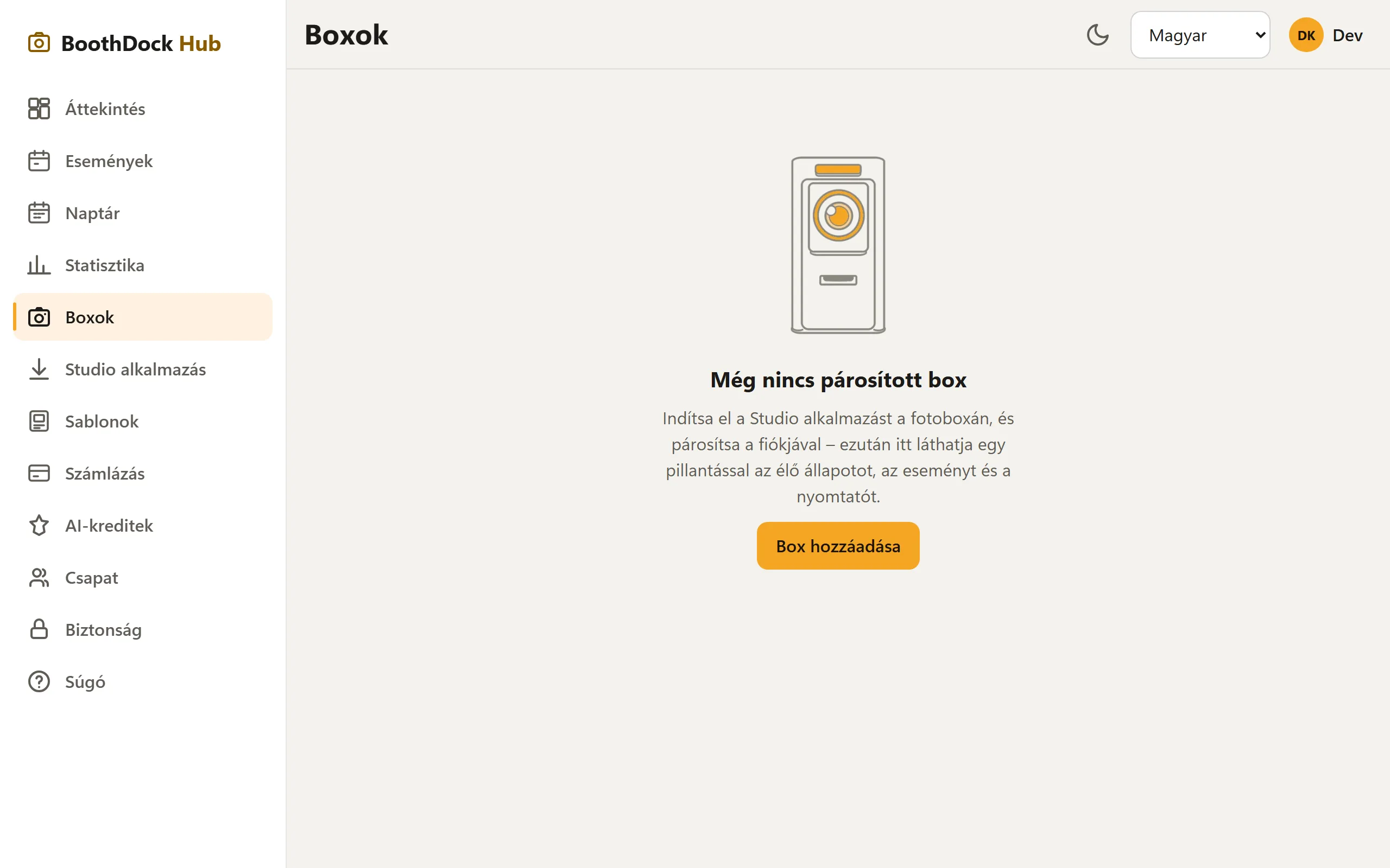 A „Boxok" terület a Hub-ban – a „Box hozzáadása" indítja a párosítást