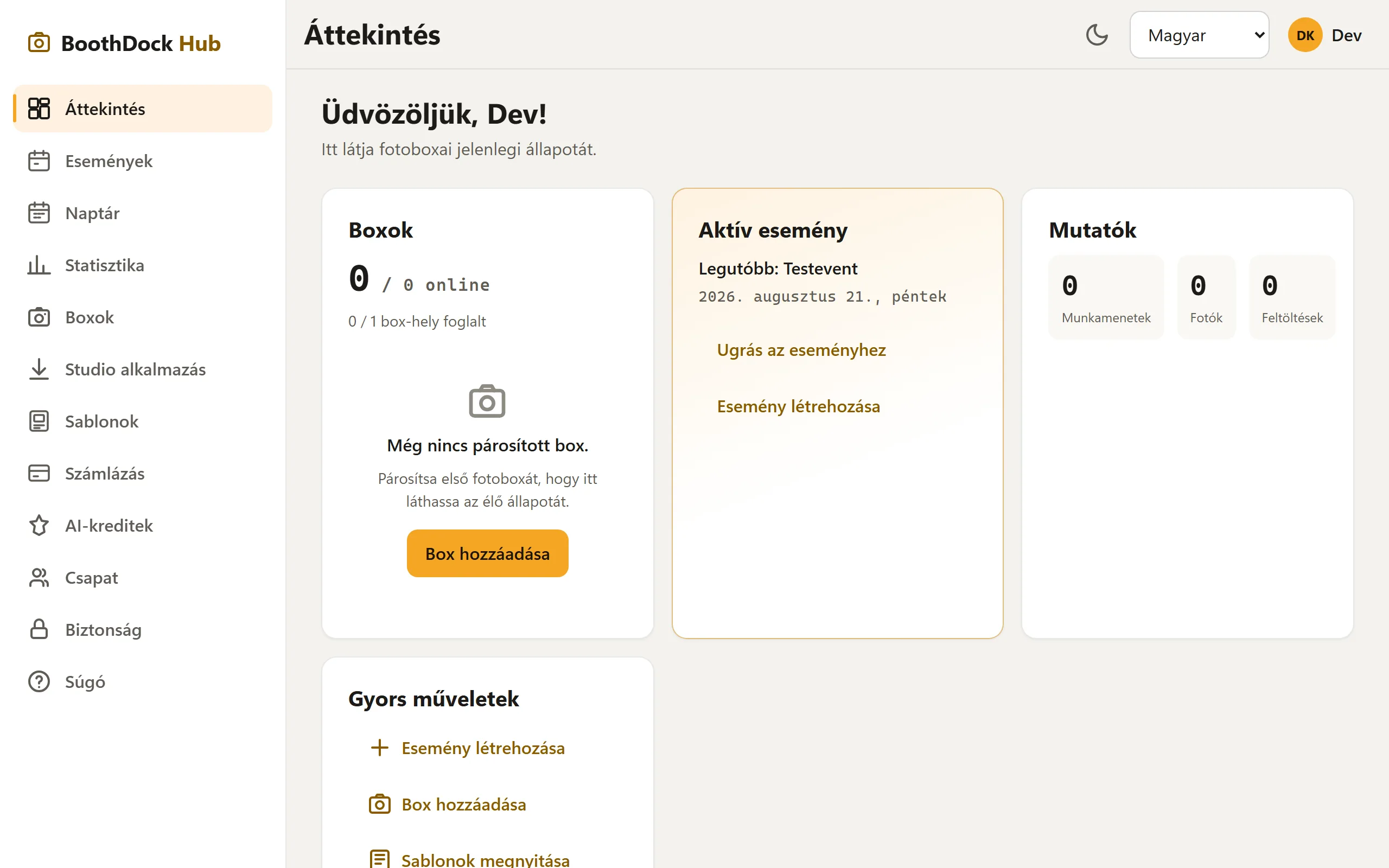 A Hub-kezelőpult: boxok, aktív esemény és mutatószámok egy pillantásra