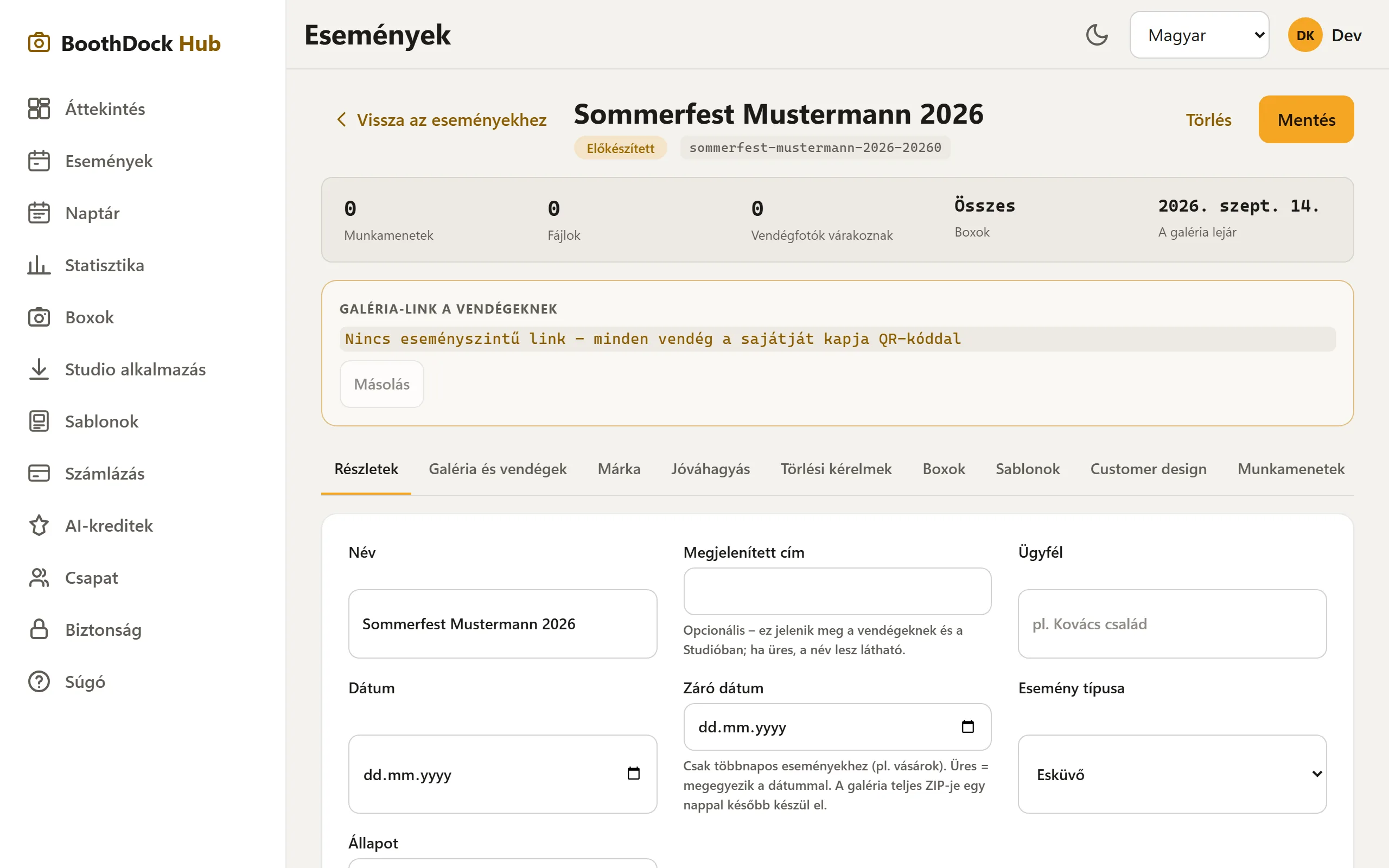 A létrehozott esemény a füleivel (Részletek, Galéria és vendégek, Marka …)