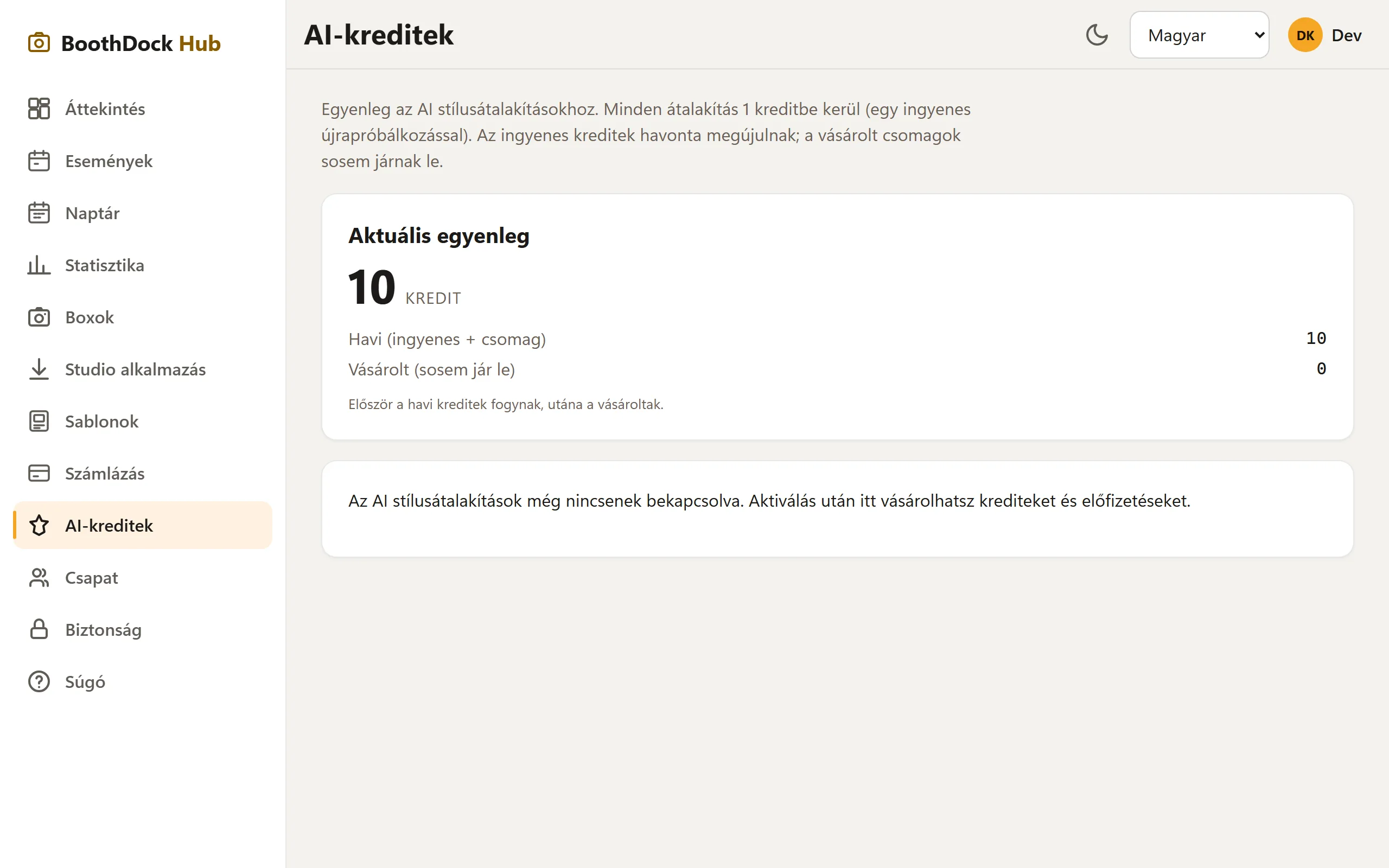 KI-credit-ek a Hub-ban: aktuális egyenleg, havi és megvásárolt credit-ek