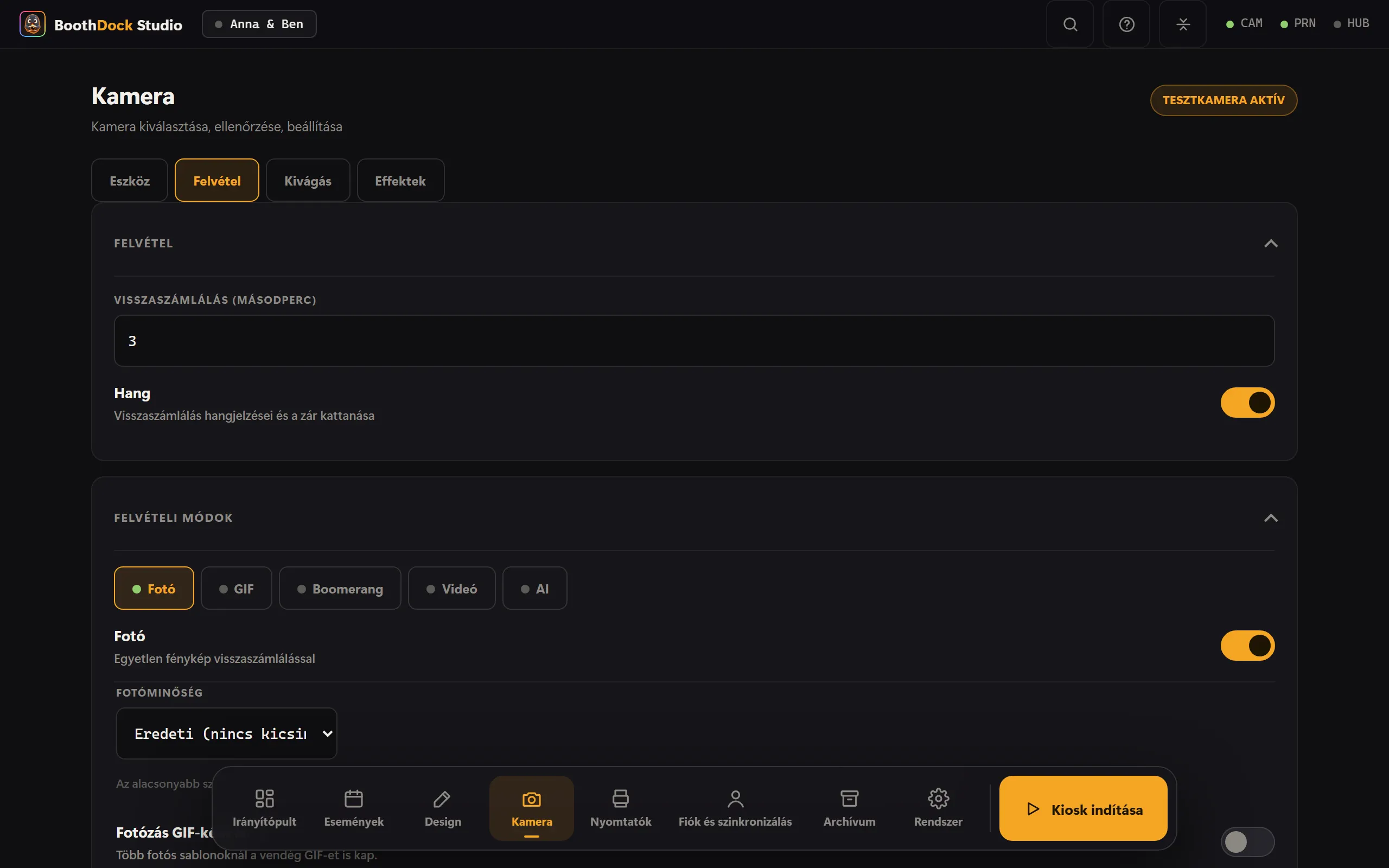 Felvételi módok a Kamera területen: fotó, GIF, boomerang, videó és KI bekapcsolása