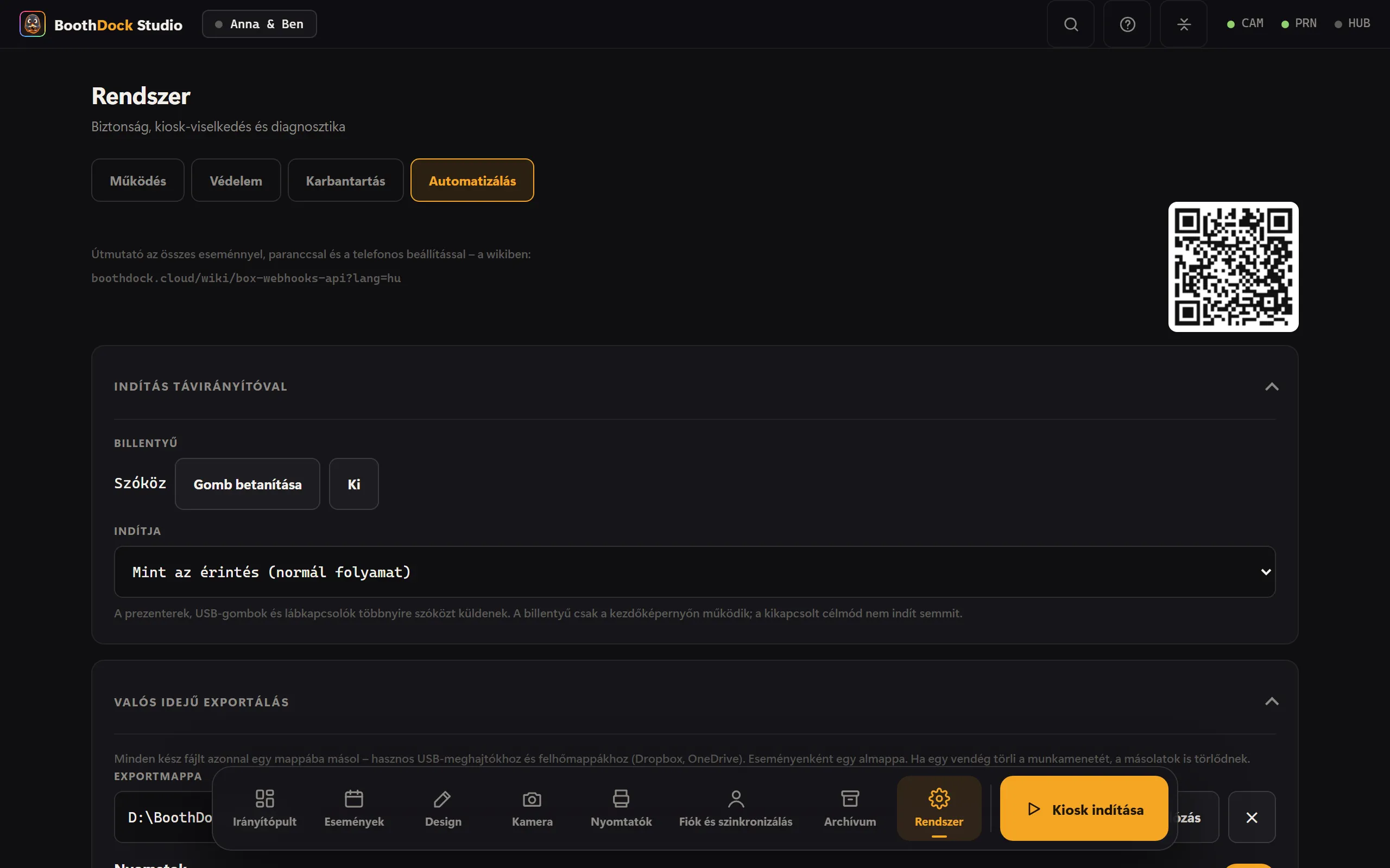 Rendszer → Automatizálás: valós idejű exportálás, webhookok és helyi API
