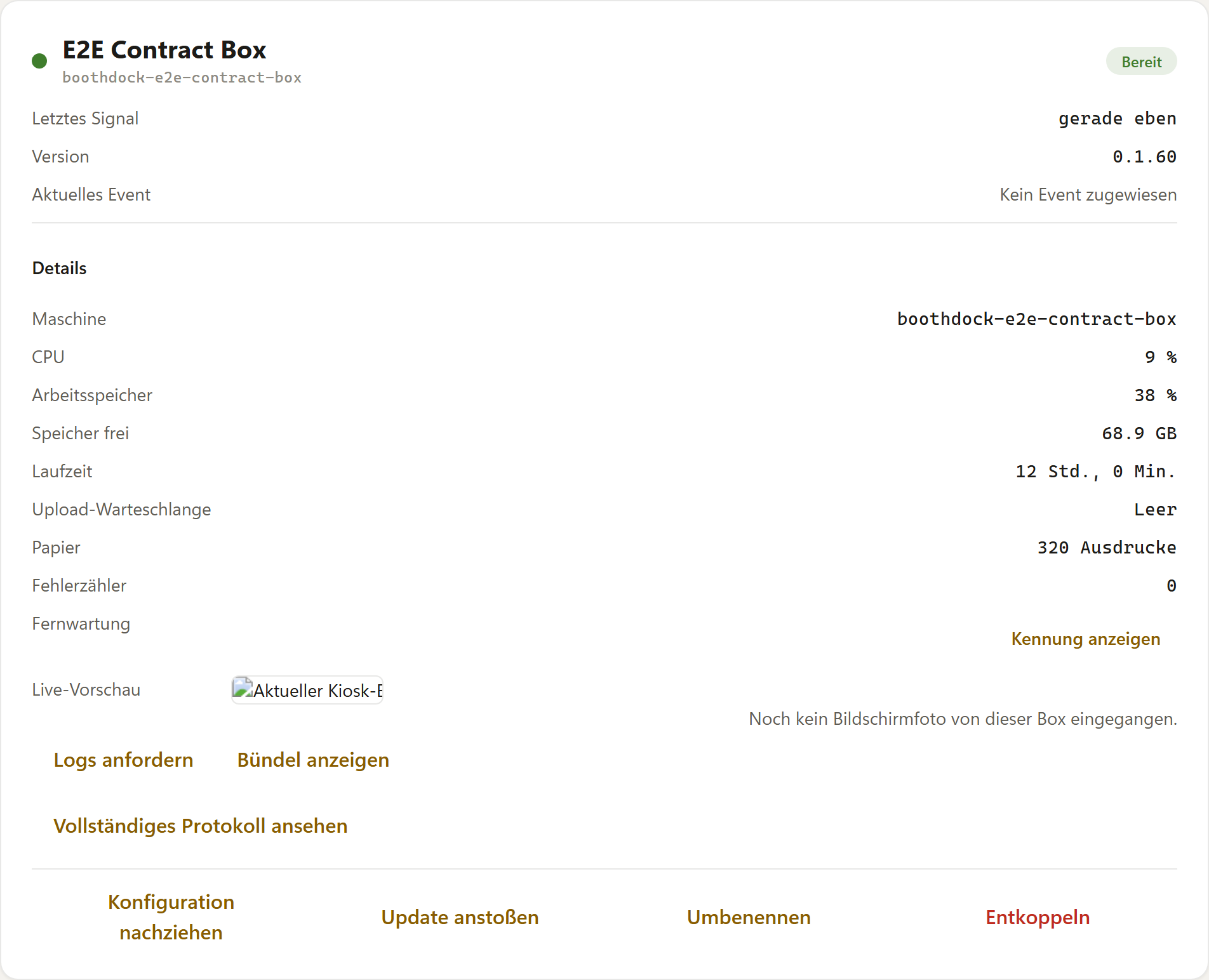 Fernsteuerung im Box-Detail des Hubs: „Update anstoßen" und „Entkoppeln"