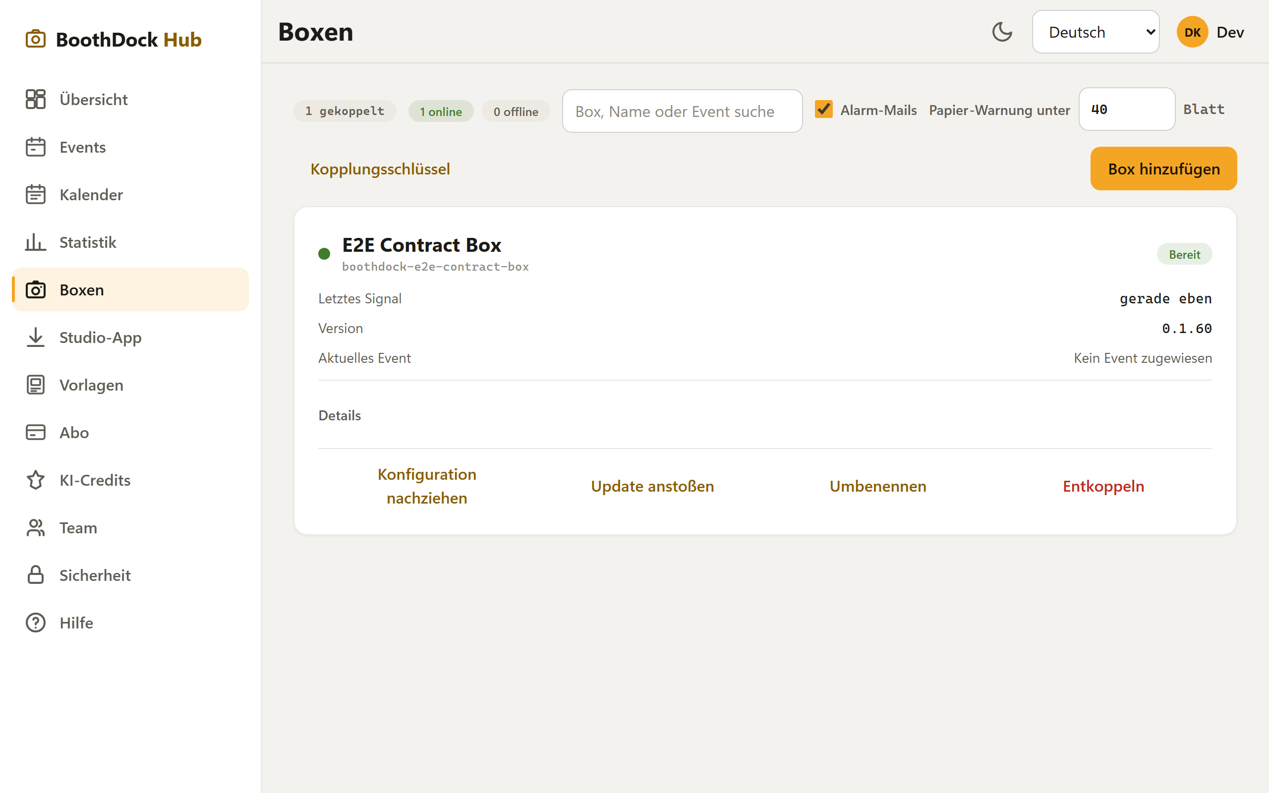 Der Bereich „Boxen": gekoppelte Boxen mit Online-Status, Version und Papier-Warnung