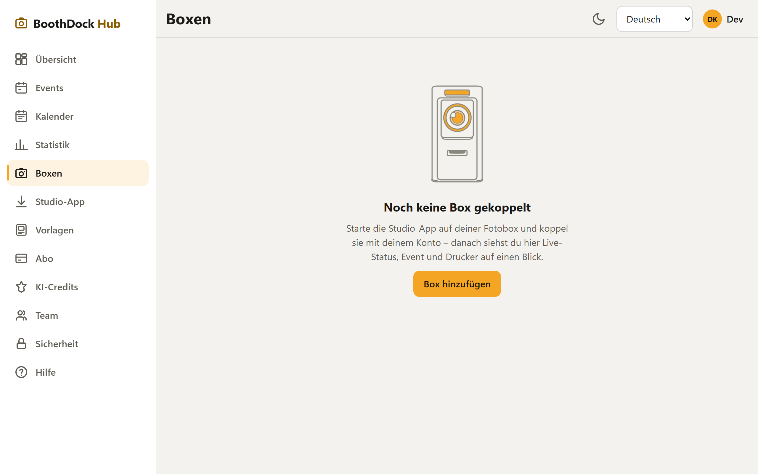 Der Bereich „Boxen" im Hub mit „Box hinzufügen"