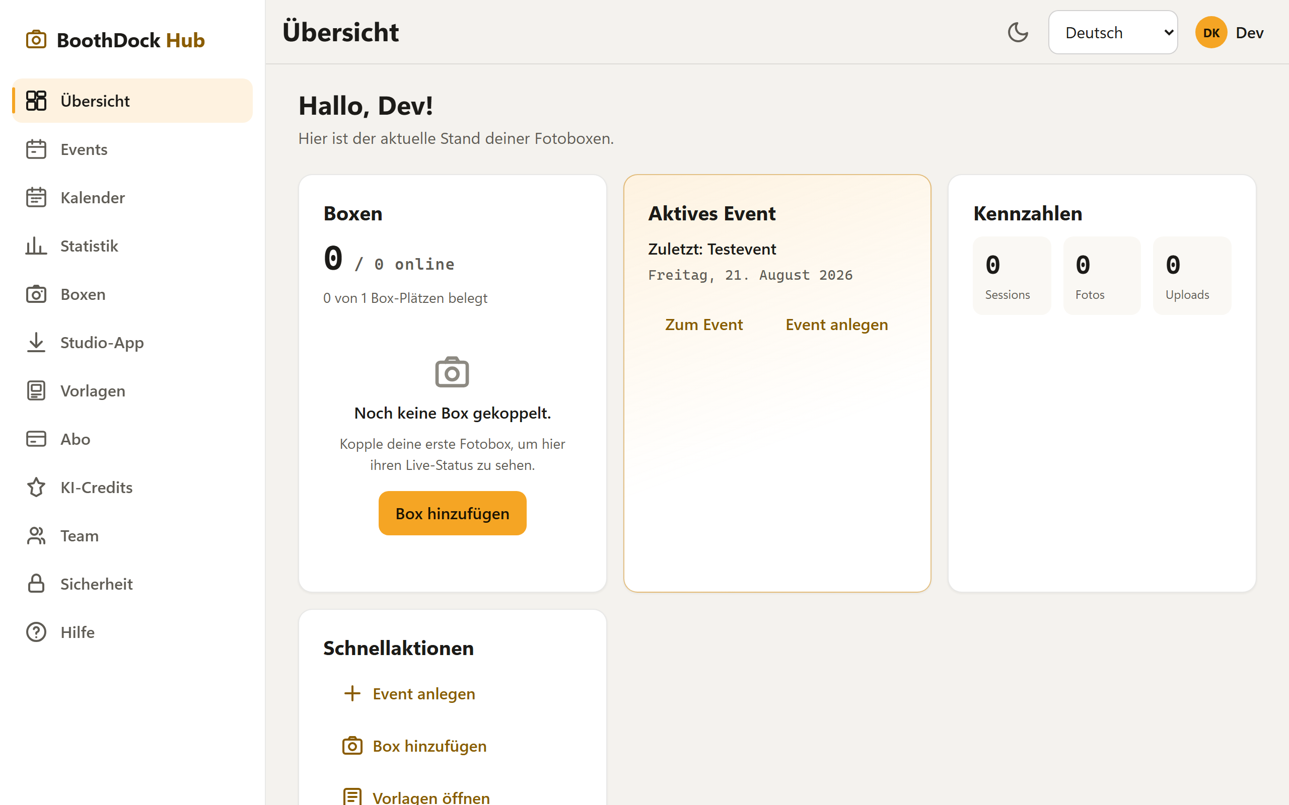 Das Hub-Cockpit: Boxen, aktives Event und Kennzahlen auf einen Blick