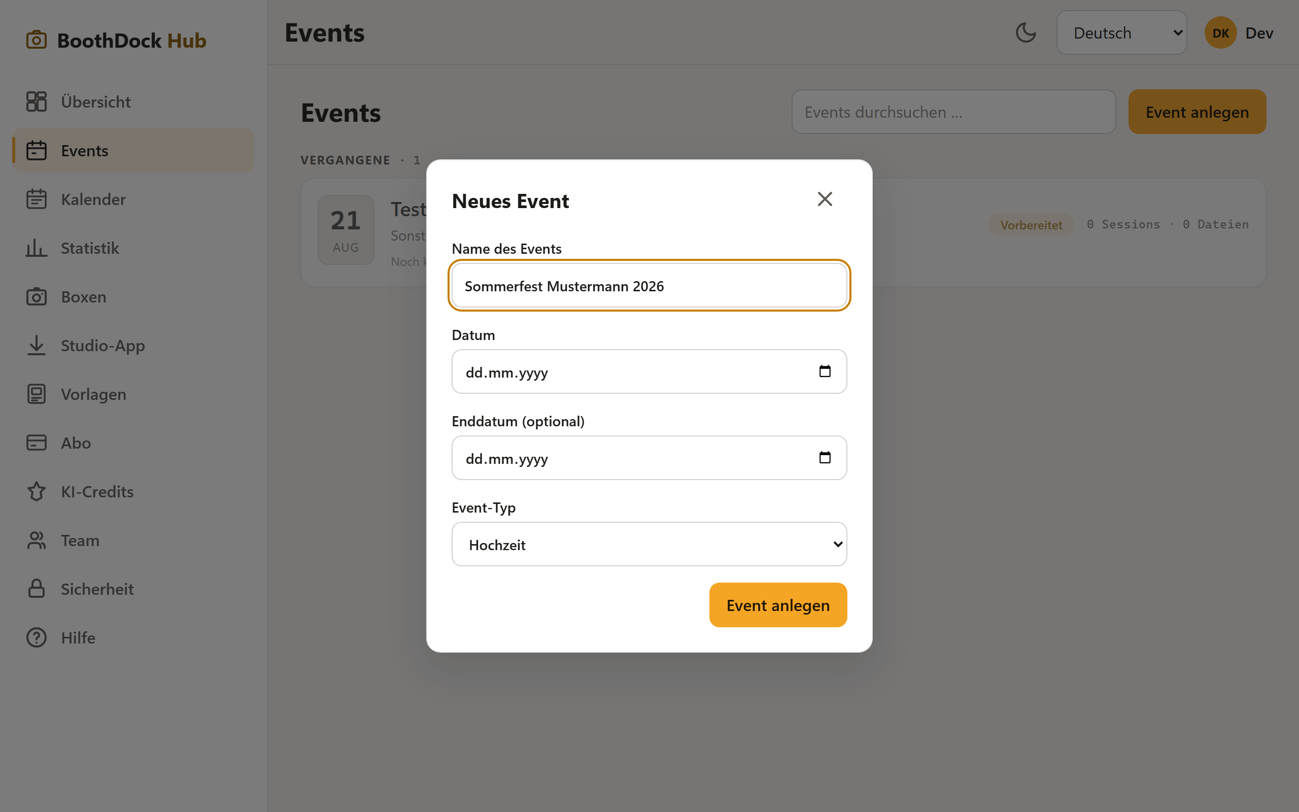 Der Dialog „Neues Event" mit Name, Datum und Event-Typ