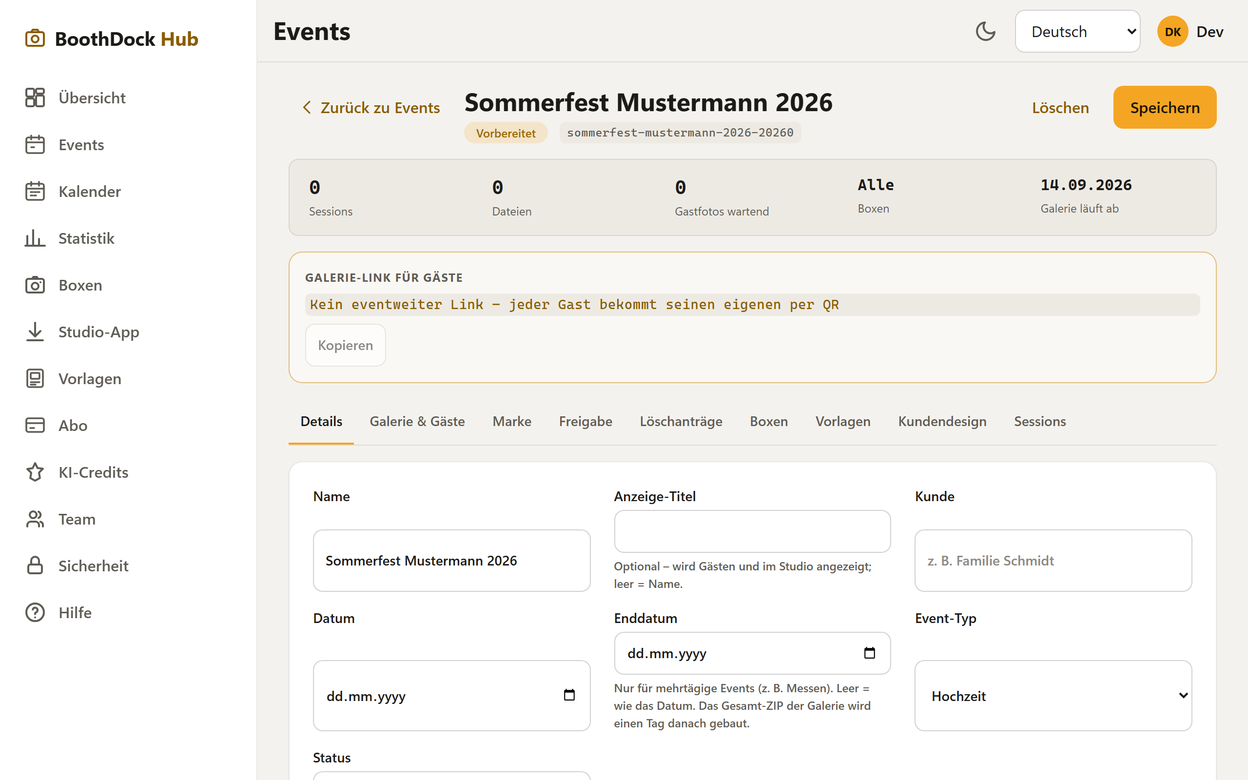 Das angelegte Event mit seinen Reitern (Details, Galerie & Gäste, Marke …)