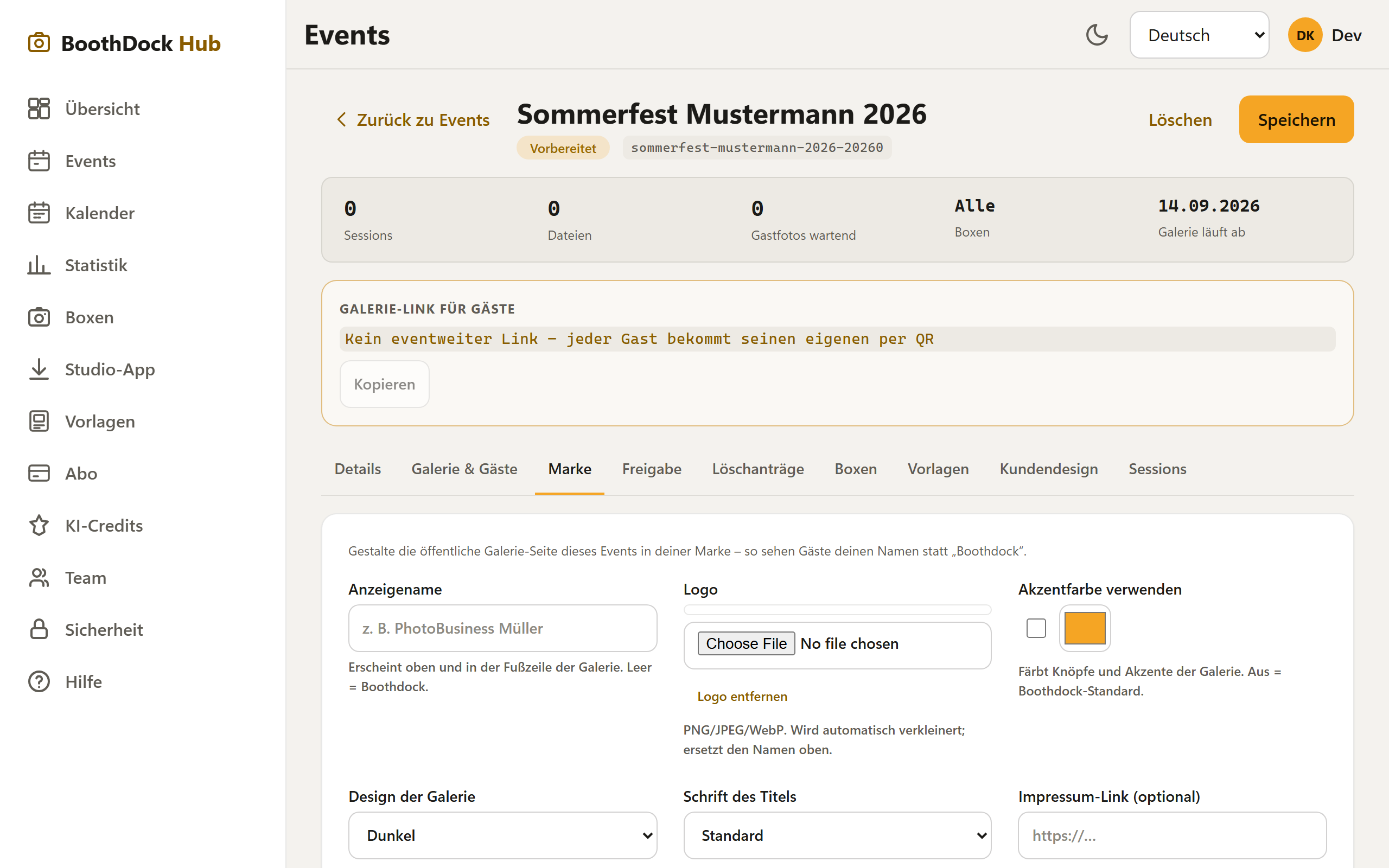 Der Reiter „Marke": Anzeigename, Logo, Akzentfarbe, Design und Titel-Schrift