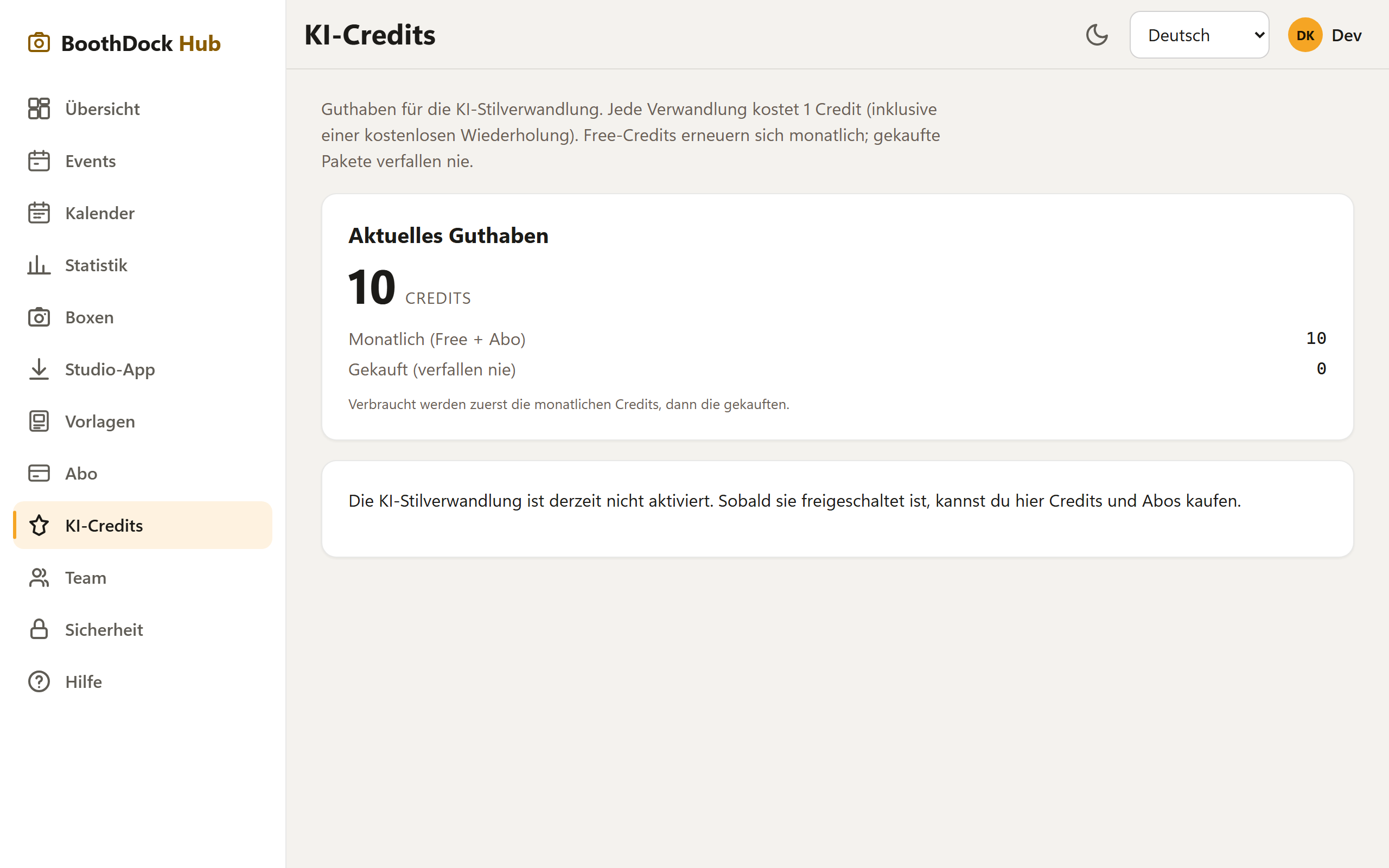 KI-Credits im Hub: aktuelles Guthaben, monatliche und gekaufte Credits