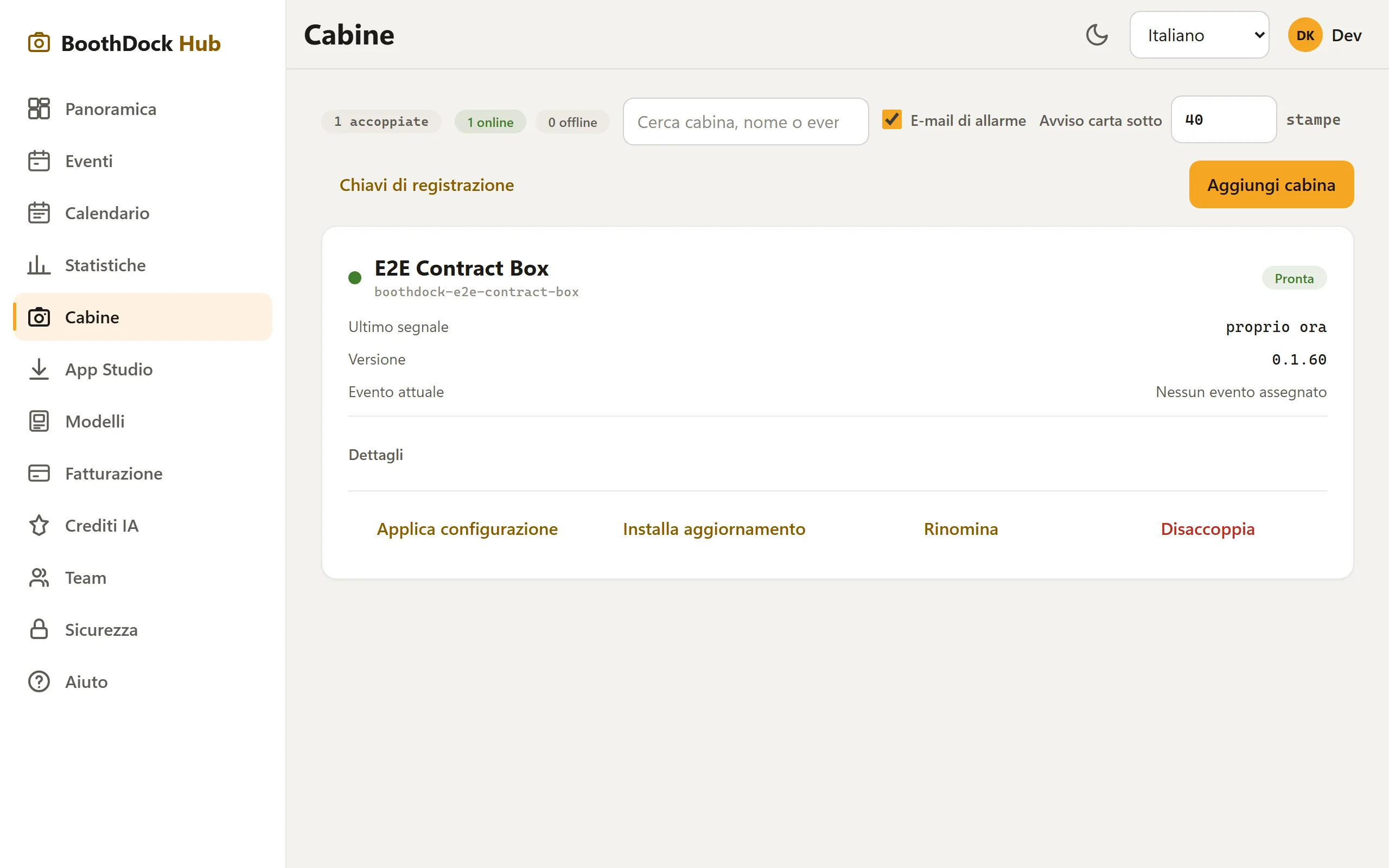 La sezione „Box": Box accoppiate con stato online, versione e avviso carta