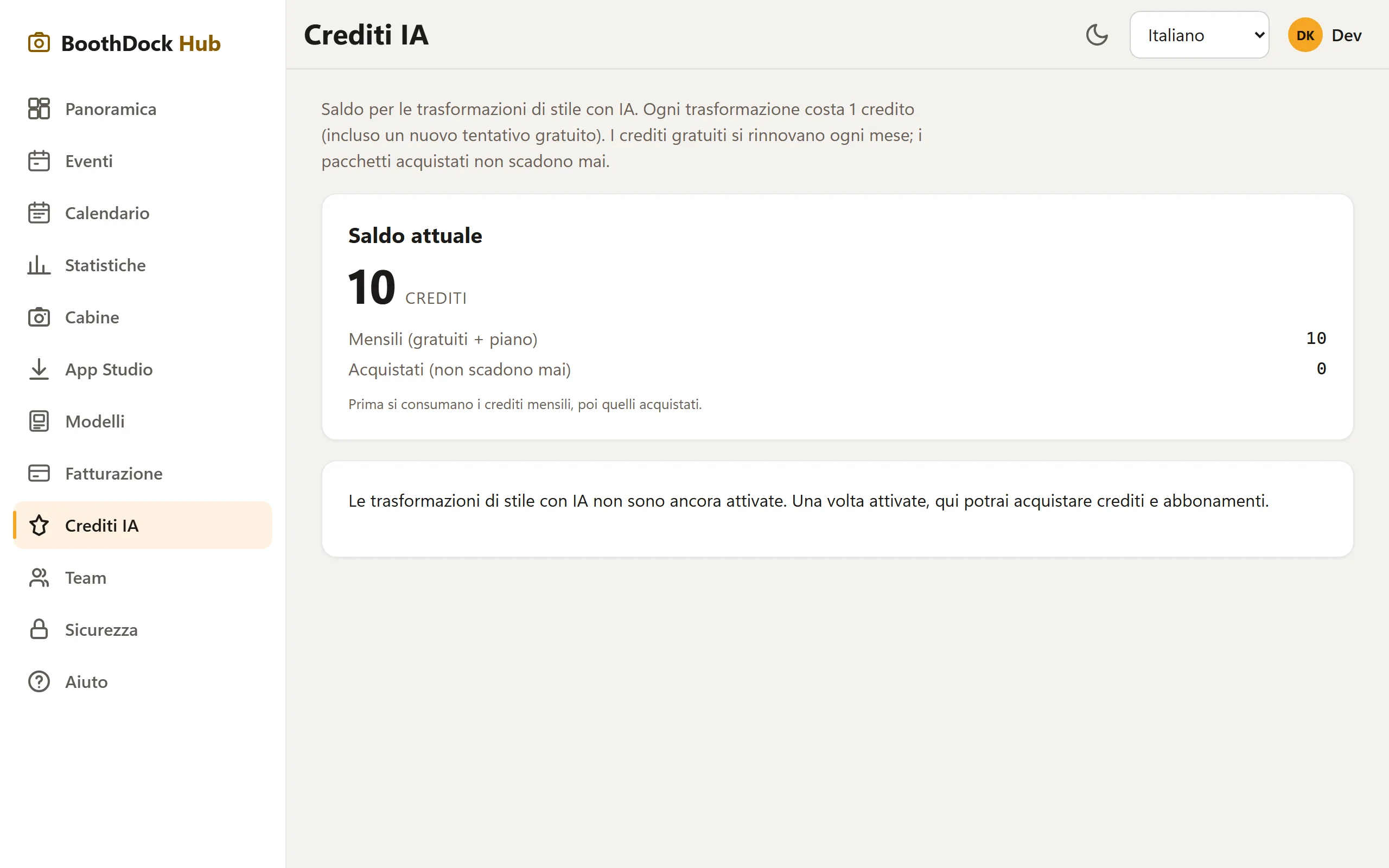 Credits IA nell'Hub: saldo attuale, credits mensili e acquistati